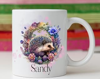 Personalised Name Cute Woodland Hedgehog Mug Cup White Forest Watercolour animal Coffee Tea Novelty Gift Present Nature