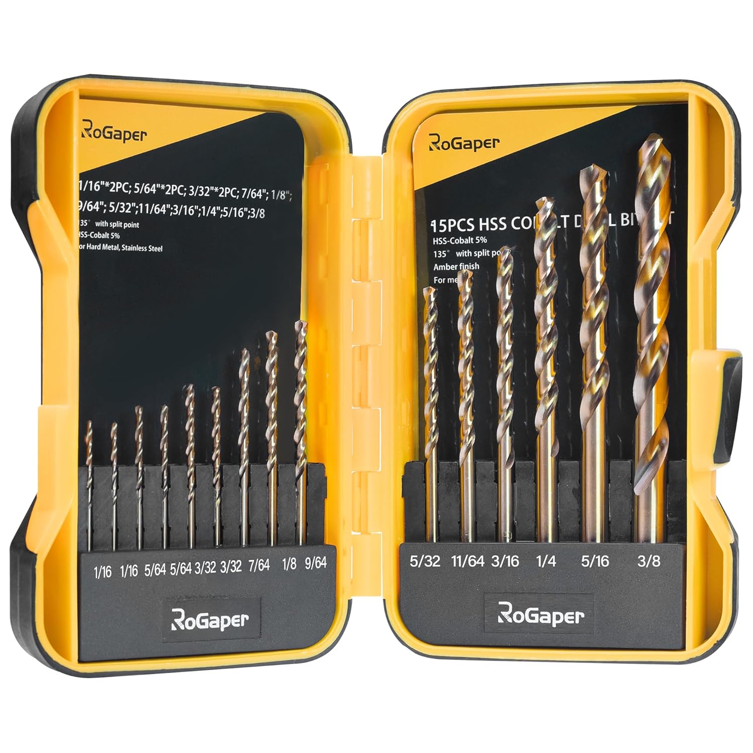 15Pcs Cobalt Drill Bit Set, M35 HSS Jobber Length Twist Drill Bit Set for Cast Iron, Stainless Steel, Plastic and Wood, 1/16" - 3/8"