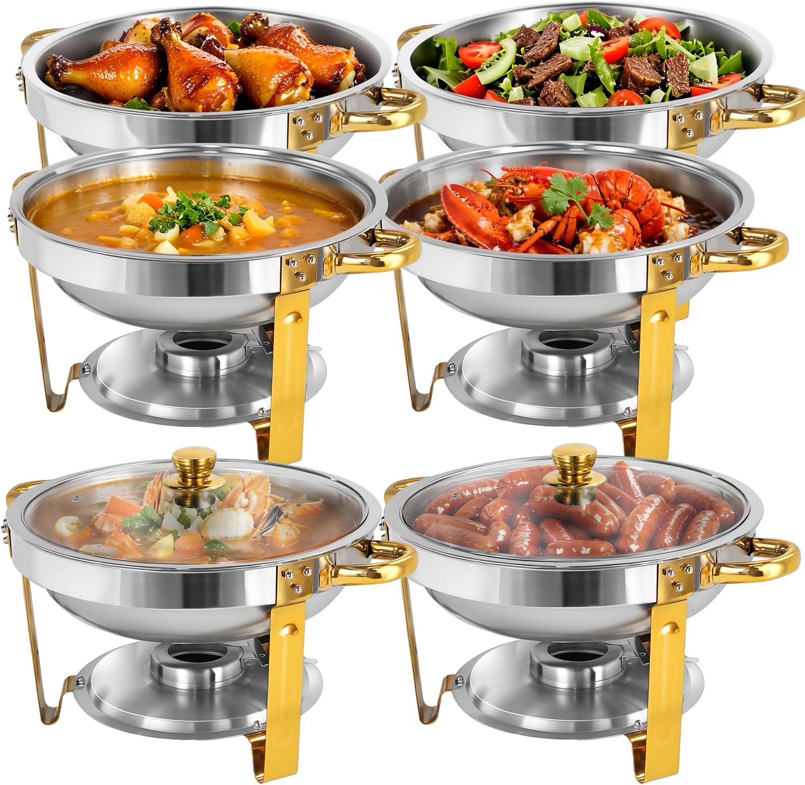 Gold Chafing Dish Buffet Set 6 Pack, 5 QT Round Food Servers and Warmers Stainless Steel Chafer with Glass Lid for Weddings, Parties, Banquets, and Catering