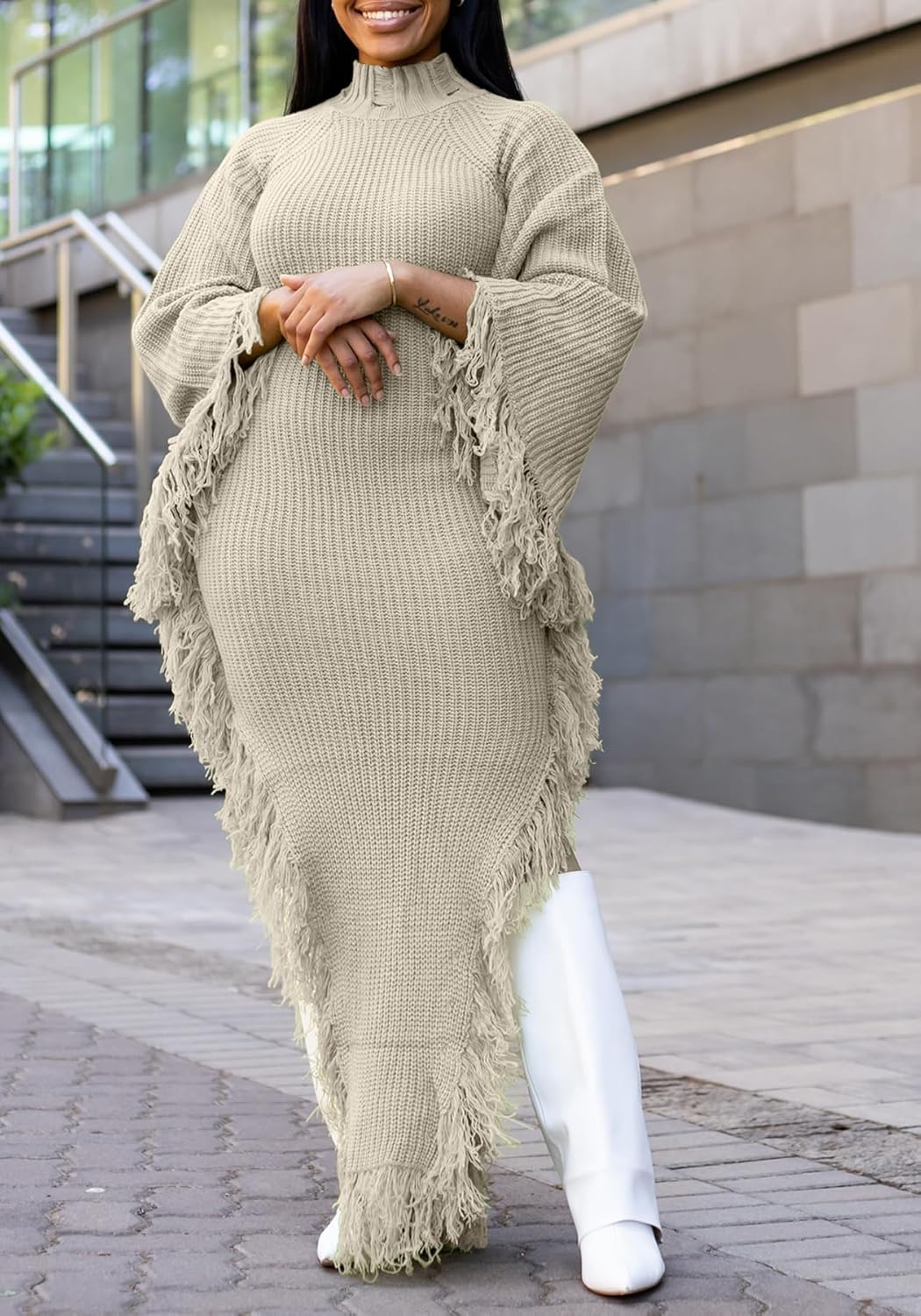 SHINFY Women Fall Batwing Sleeves Sweater Dress Tassel Fringe High Slit Bodycon Ribbed Knit Elegant Midi Dresses - Image 2