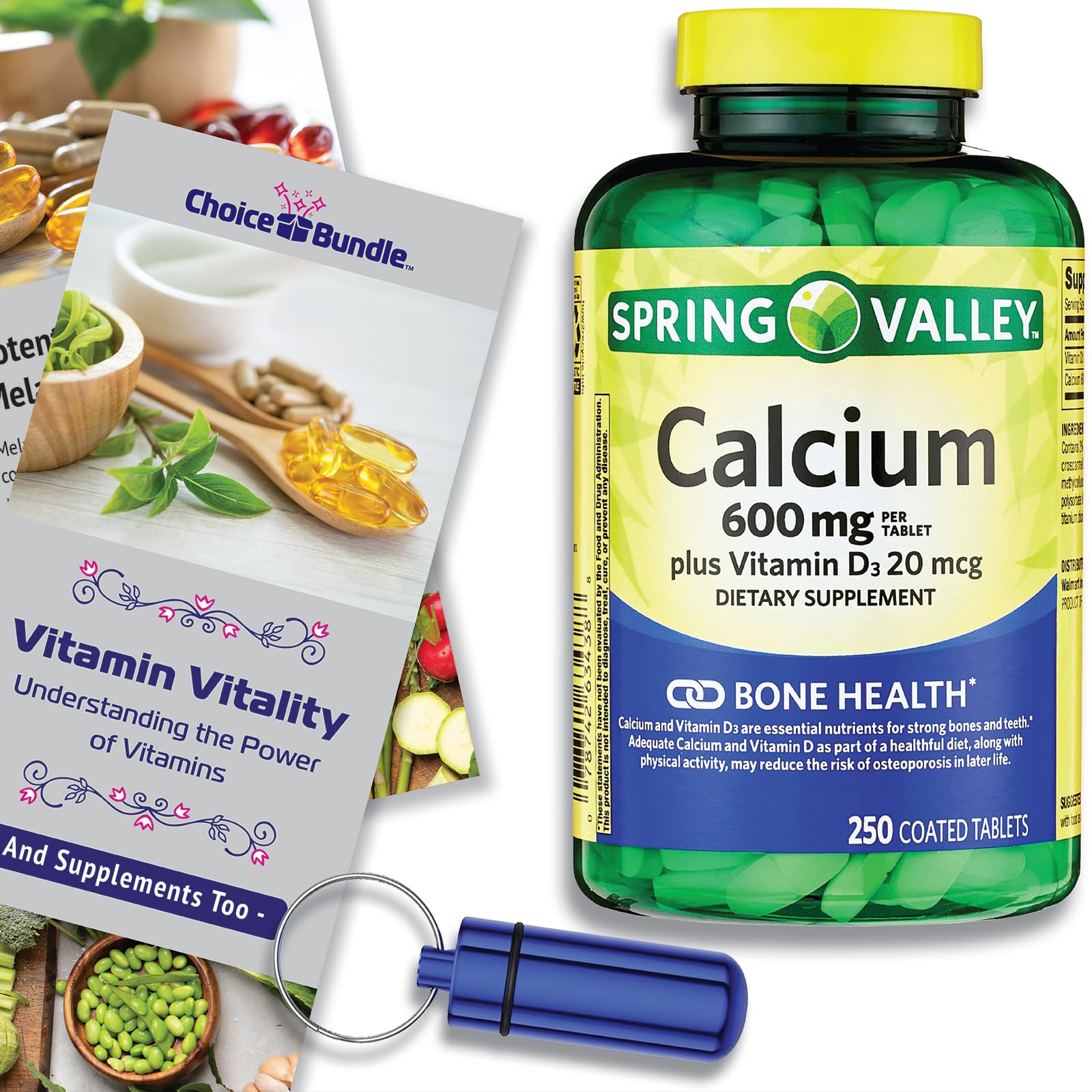 Spring Valley Calcium Plus Vitamin D Tablets Dietary Supplement 600 mg 250 Ct Choice Bundle - Plus “Vitamin Vitality” Guide and Pill Container (3 Items)!