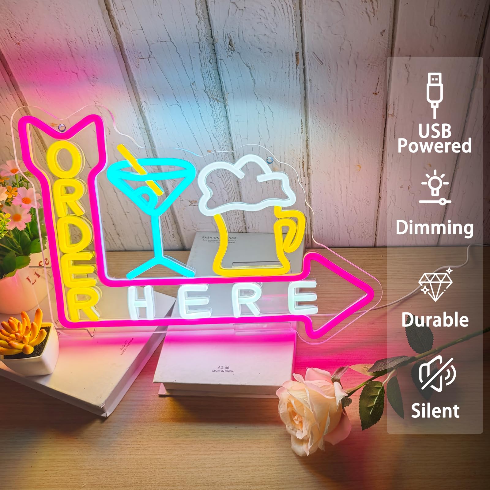 Neon na drzwi ścienne lub okno biznesowe, 40 x 40 cm, znak LED do baru, kawiarni, sklepu, restauracji, hotelu, zasilany przez USB, ściemniana jasność
