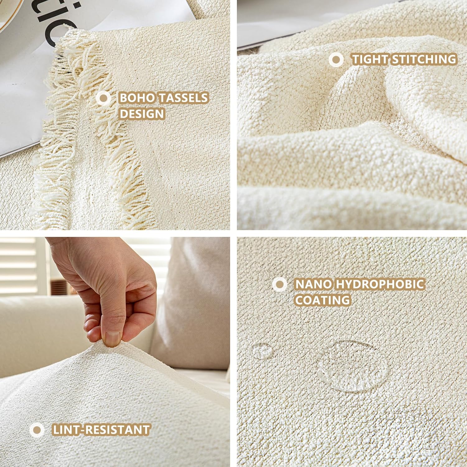 Water-Resistant Teddy Fleece Couch Cover for Dogs & Pets, Cozy Boucle Sofa Protector, Breathable Luxury Furniture Throw for 3-4 Cushion Couch, Washable & Non-Slip, Cream