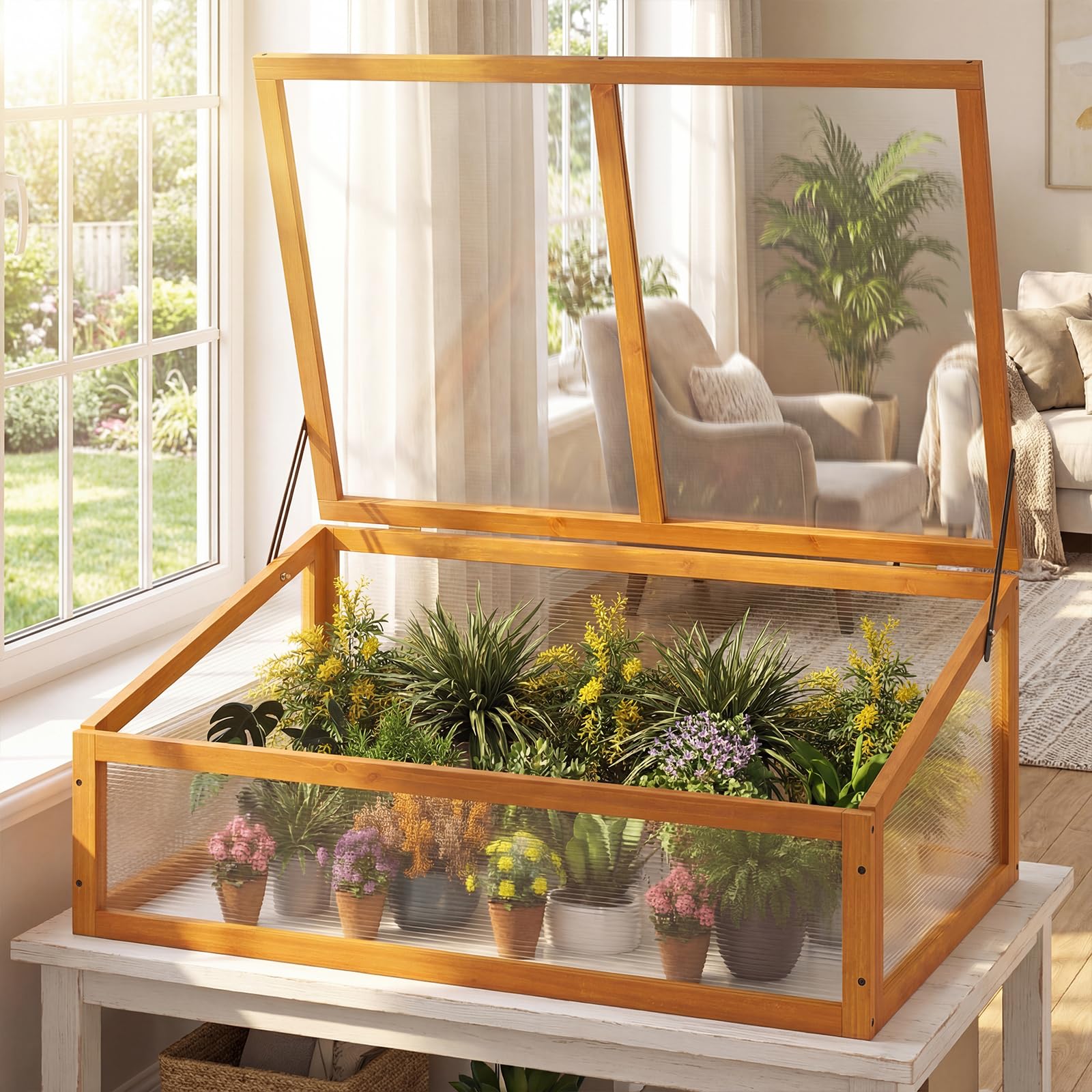FANTASK Frühbeet Gewächshaus, 94 x 63 x 40 cm, Frühbeete Hochbeete mit Abdeckung, mini Gewächshaus, Treibhaus, Frühbeetkasten Aufsatz für Garten, Terrasse & Balkon (Orange)