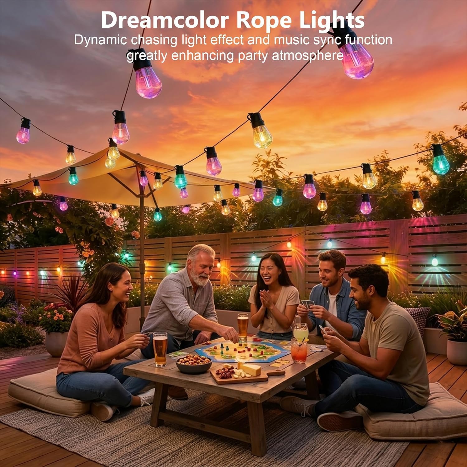 Outdoor String Lights, 140FT RGB+IC Outside Light Dimmable Shatterproof LED Bulbs, IP67 Waterproof Chasing Effect Lighting DreamColor Patio Strip Lights for Backyard, Balcony, Outdoor Living