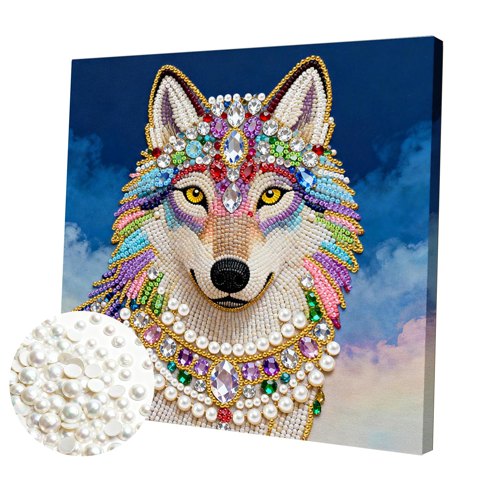 DIY Pearl Painting Kit with Wooden Frame, 3D Plastic Pearl Gemstone Ocean Art Craft for Adults Beginners, Diamond Dot Painting, Home Wall Decor Ready Gift for Women(Wolf)(25 * 25cm)