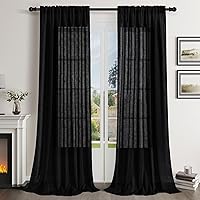 Vista 75 de Guken - Cortinas de lino negro de 108 pulgadas de largo para sala de estar, dormitorio, juego de 2 paneles, bolsillo para barra, cortinas