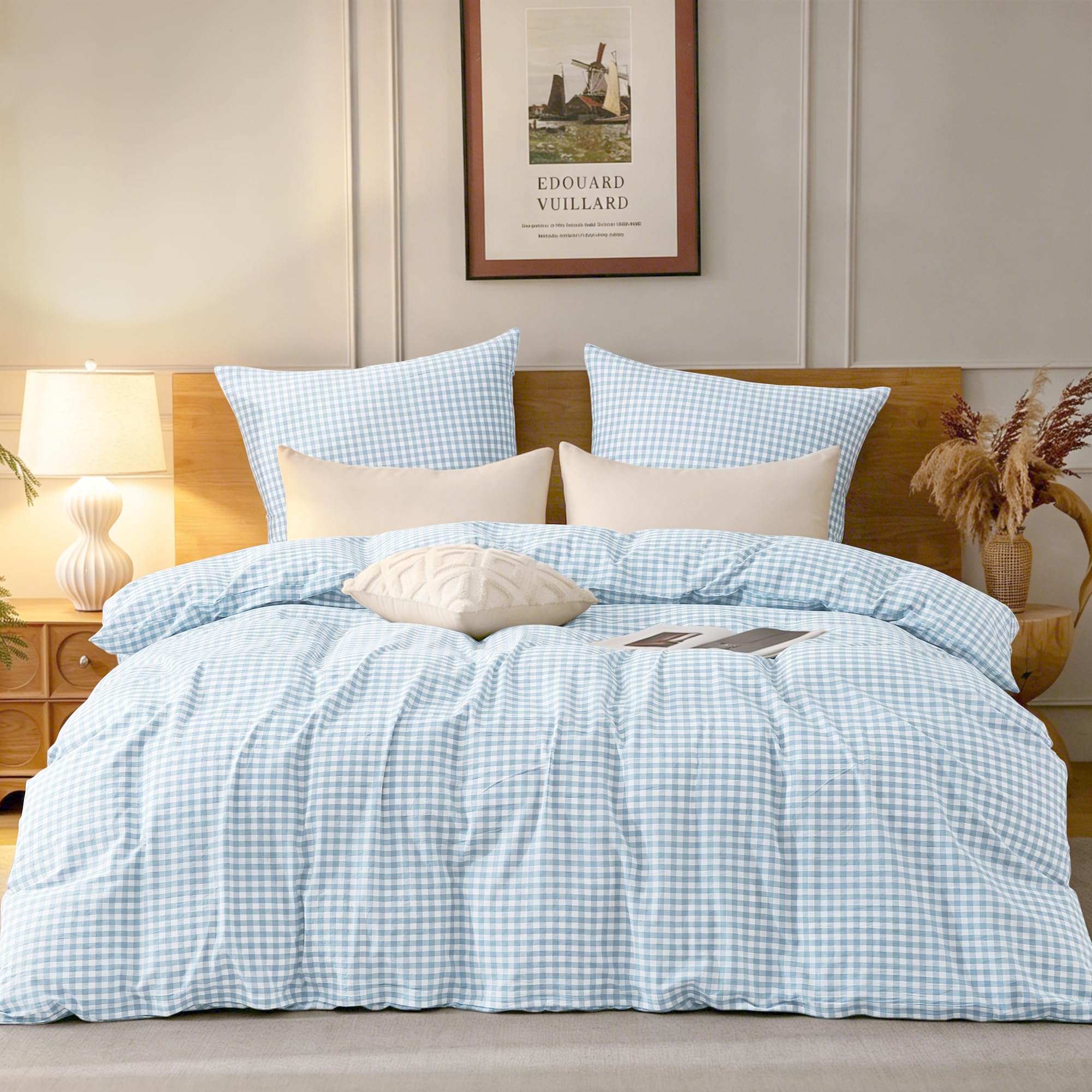 TOCOMOA Gingham Bettwäsche 135x200 Kariert 100% Gewaschene Baumwolle Set | Weich, reißbeständig,Leinenoptik und Atmungsaktiv Bettwaren mit Reißverschluss, 1 Bettbezug und 1 Kissenbezug 80x80 cm