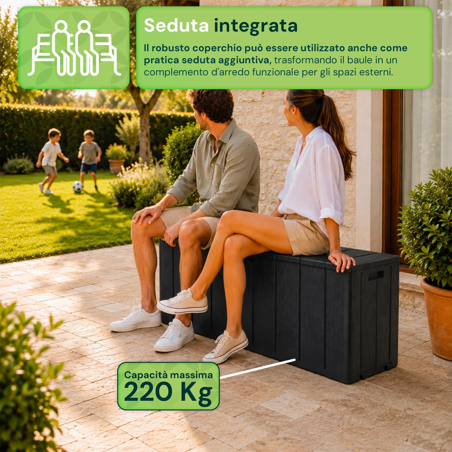 Baule Multiuso da Esterno e Interno 270 Litri in Resina Effetto Legno — Cassapanca Contenitore con Seduta, Antracite, per Giardino, Terrazzo e Casa