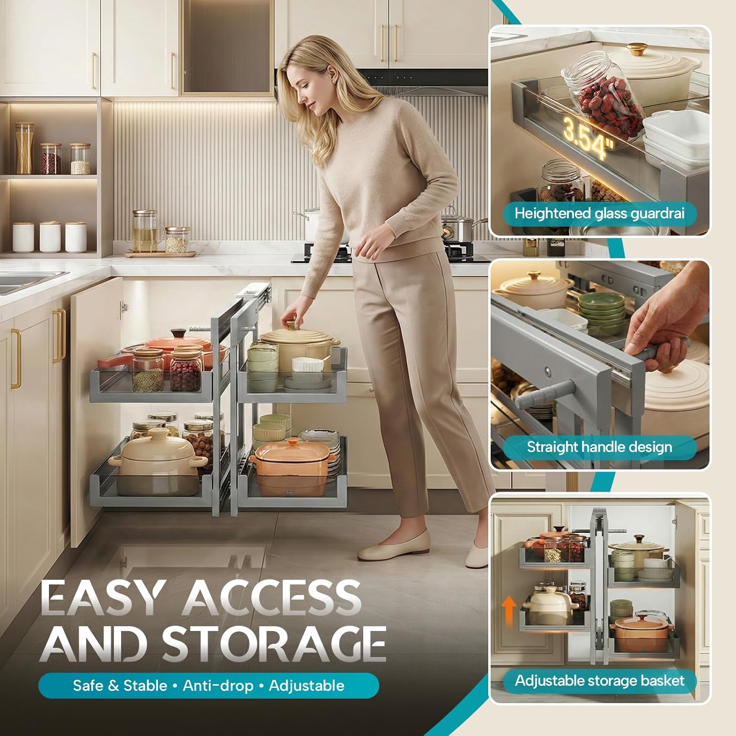 Blind Corner Cabinet Pull Out Organizer, Heavy-Duty Magic Corner Shelves with Soft Close, 2-Tier Full Extension Baskets for 13",14.1",15.3",16.9" Kitchen Cabinets, Left & Right Compatible