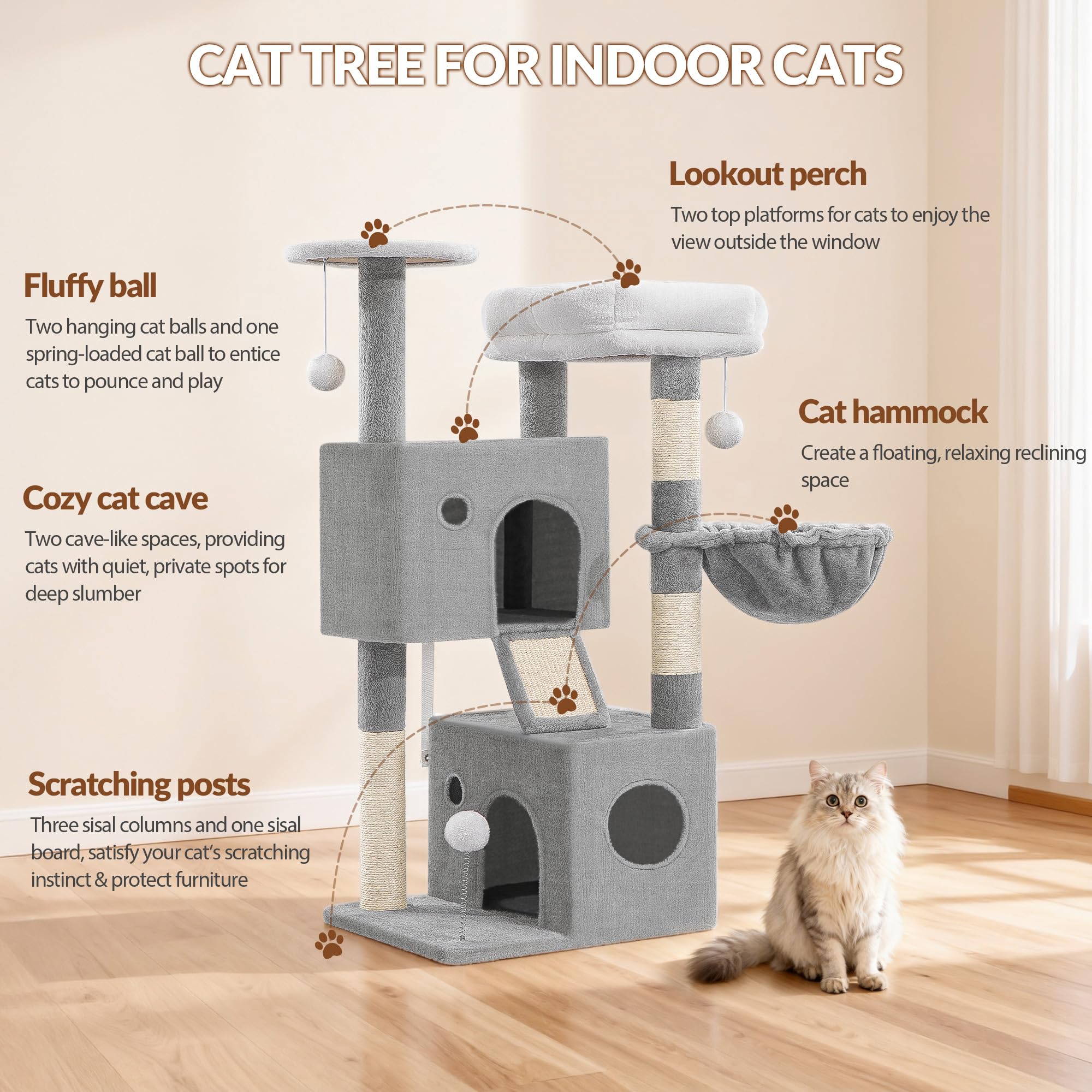 Kratzbaum für Indoor-Katzen, 108 cm, mehrstufiger Katzenkletterturm mit 2 Höhlen, Hängematte, Sisal-Kratzbäume & Brett, interaktives Spielzeug, abnehmbares Kissen, Hellgrau, 50 x 40 x 108 cm