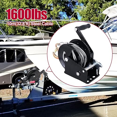 Miniatura 9 de Freno de cabrestante de remolque de barco resistente, 1600 libras con cable de acero de 32.8 ft (32.8 pies) con manivela de mano con trinquete negro