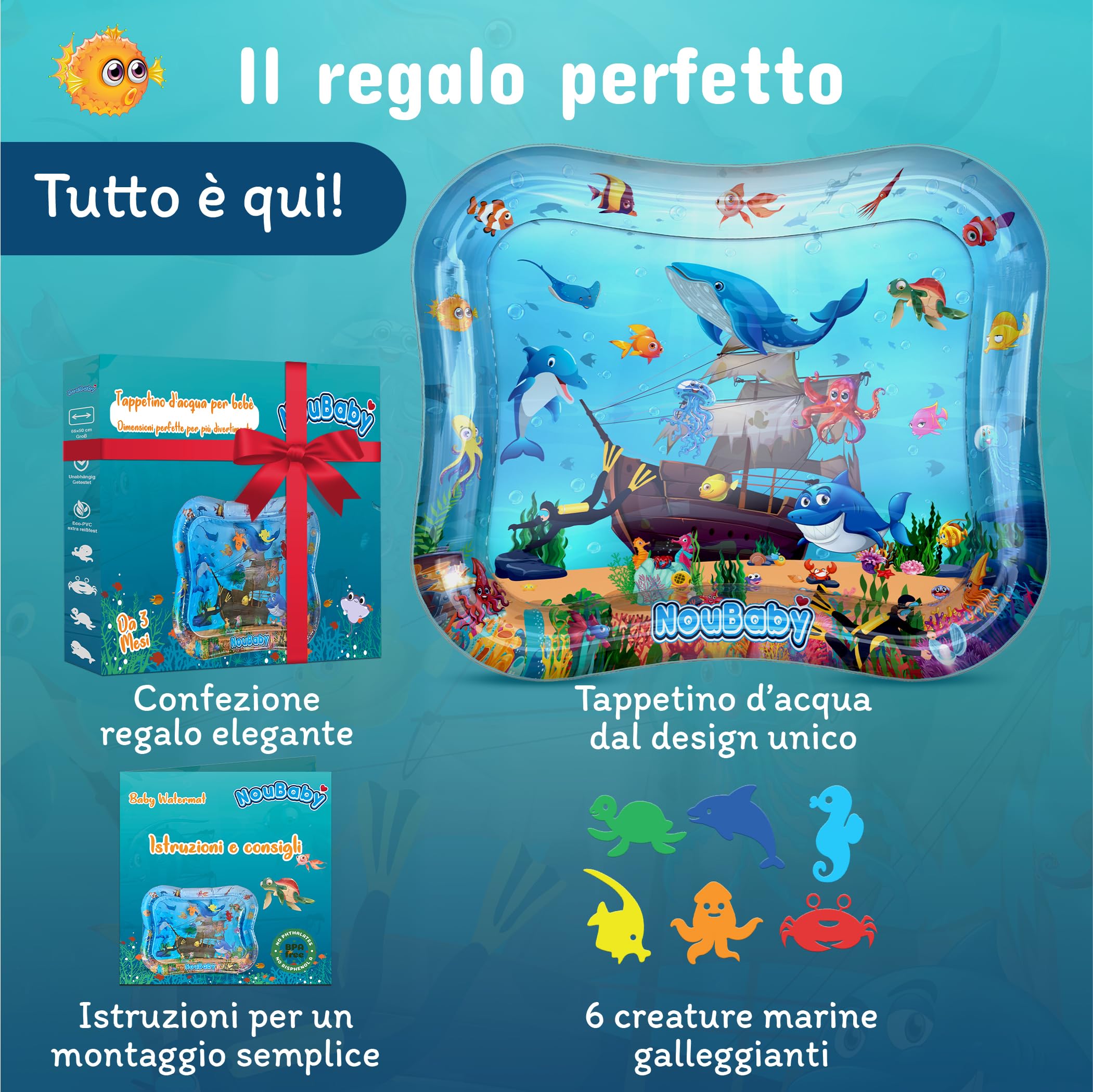 NouBaby® Tappetino Acqua Tummy Time Neonato | Tappeto Sensoriale Neonati con Acquario Gonfiabile | Giochi Bambini per lo Sviluppo Motorio | Tappetino Bambini Sicuro e Divertente