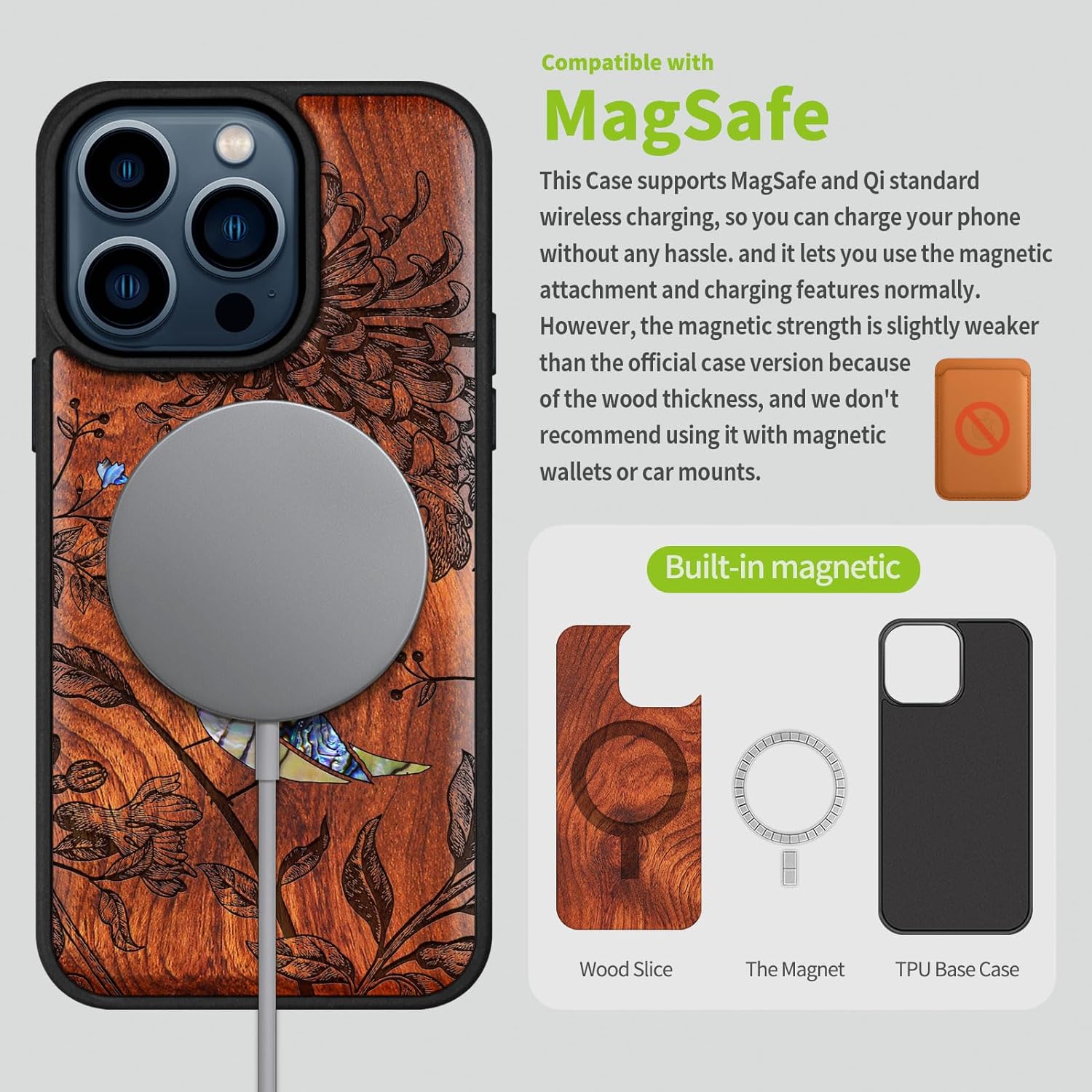 Carveit Wooden Case for iPhone 15 Pro Magnetic Case, Compatible with MagSafe Wireless Chargers, Shockproof Cover, Handmade Shell Inlaid & Wood Artisan Engraved (Flowers and Bird) Rosy