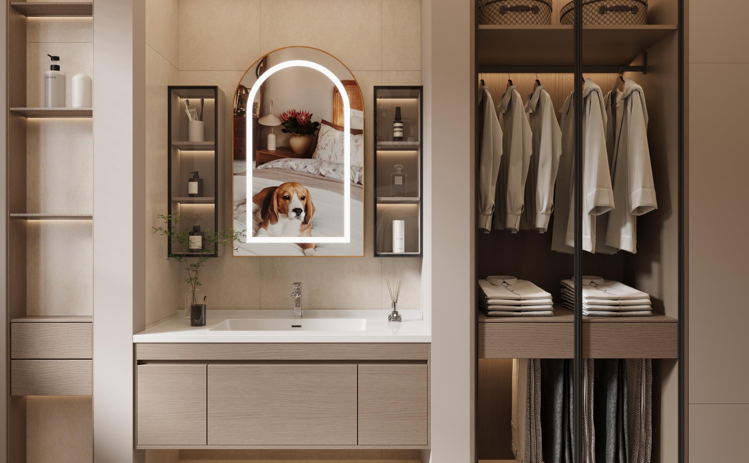 Specchio Bagno Contenitore con 3 Colori Luce e 1 AC/2 USB, Armadio Specchio Bagno con Deumidificazione con 1 Tocco e Funzione di Memoria(Oro Bianco)