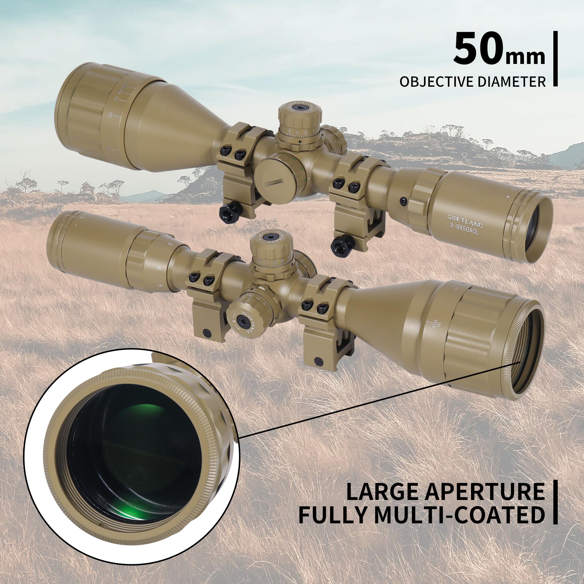 Goetland Gewehr Zielfernrohr 3-9x50 Airsoft Mil Dot Optik R4 Absehen mit Montage Ringe SFP Rot Grün Blaue für Taktische Jagd Luftgewehr Sportschützen