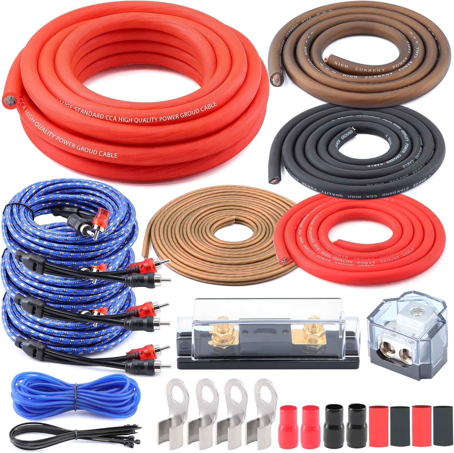 0 Gauge True Dual Amp CCA Wiring Kit - with 200A ANL Fuse, OFC RCA & 14 Gauge Speaker Wire | Complete Power/Ground Cables & Distribution Block for High-Performance Car Audio