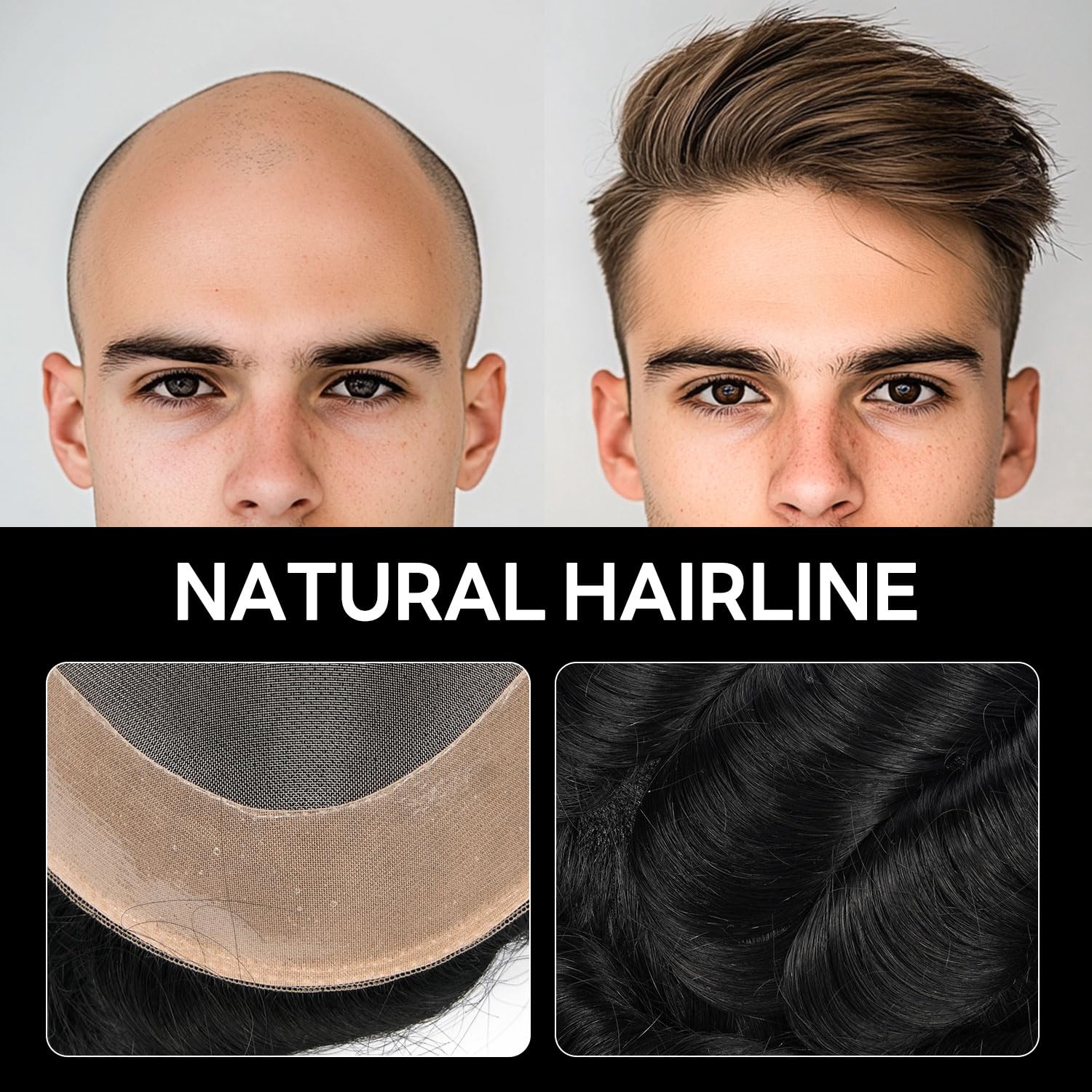 Toupee for Men Hair System Replacement Hairpiece Monofilament Mens Toupee Durable Poly Coated NPU Around Hair System for Men European Human Hair. (#1 Jet Black, 7"X9")