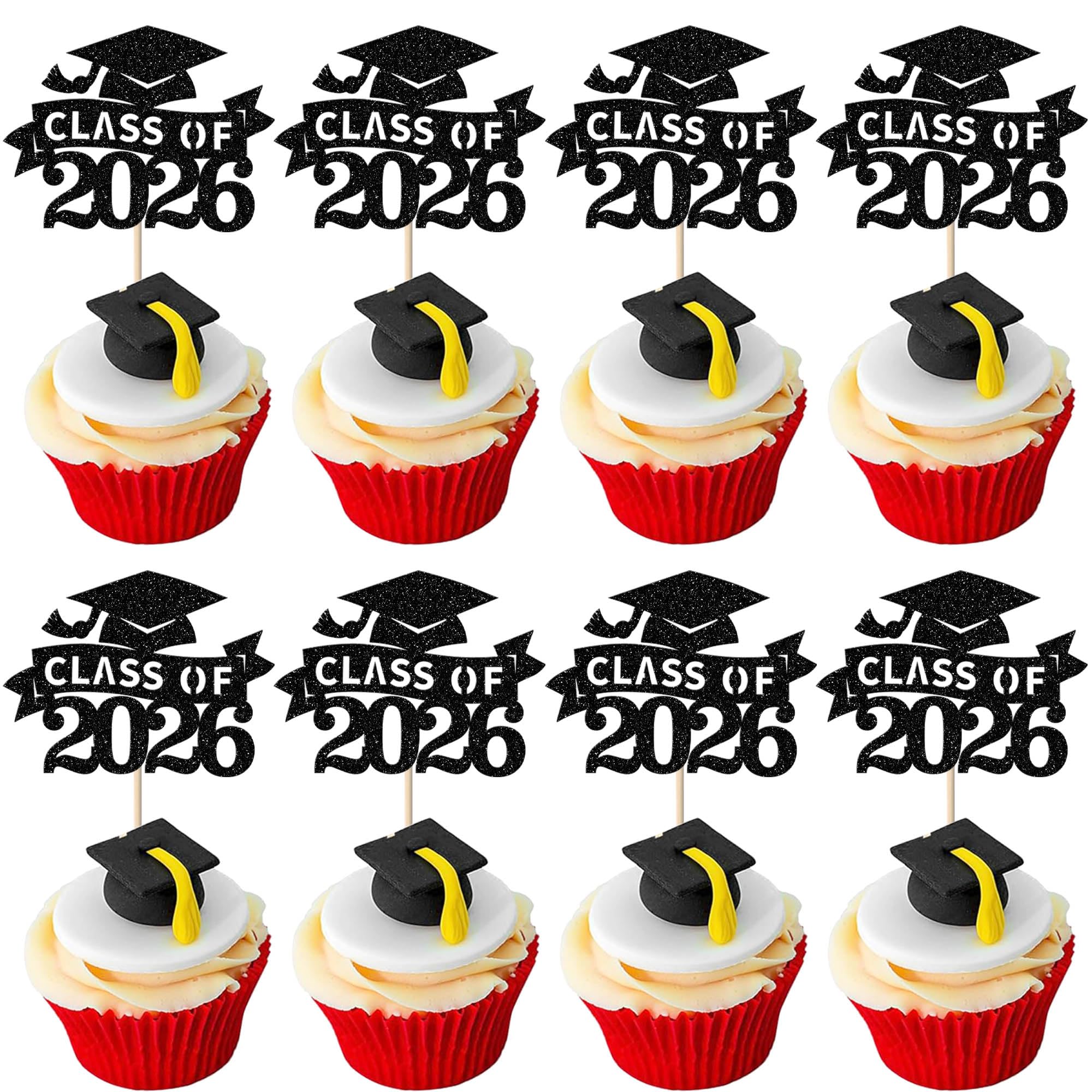 SYKYCTCY 24 Pack Class of 2026 Cupcake Toppers Glitter Congrats 2026 Done Diploma Cupcake Picks for Class of 2026 Graduation Theme Cake Decorations Party Supplies Black