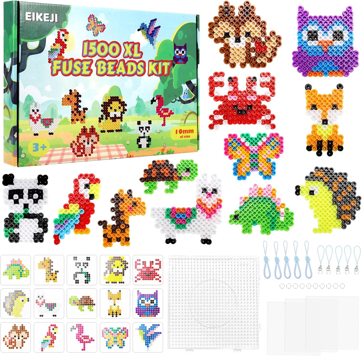 EIKEJI Große 10mm Bügelperlen Set, 1500 Stück XL Steckperlen mit Platten, 21 Bunte Farben Maxi Bügelperlen, 15 Muster und Bügelpapier, XL Bügelperlen, Kreatives Perlenset für Kinder ab 3 Jahren