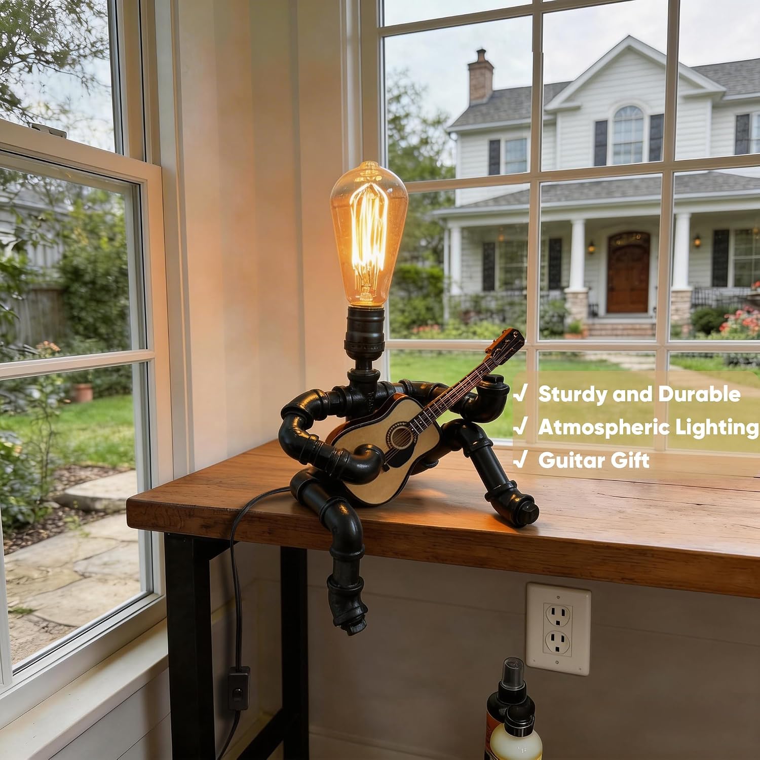 Steampunk Industrial Vintage Guitar Table Lamp with Miniature Guitar, Cool Guitar Art Decor, Unique Gifts for Men Music Lovers & Players, Includes LED Edison Bulb (Acoustic Guitar) image 2