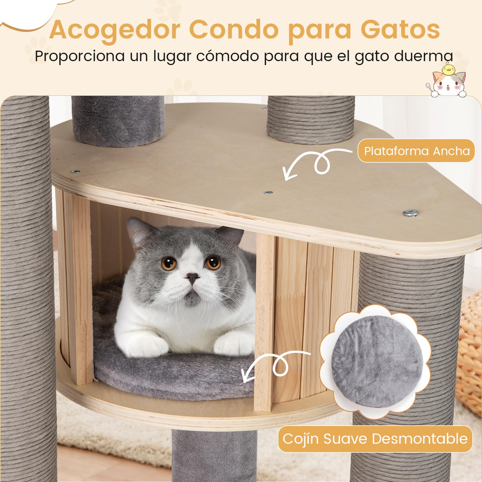 COSTWAY Árbol Rascador para Gatos de 197 cm, Torre para Gatos de Varios Niveles con Plataforma Grande, Perchero Acolchado Superior, Condo, Esteras Desmontables, Postes para Rascar, Castillo Gato, Gris