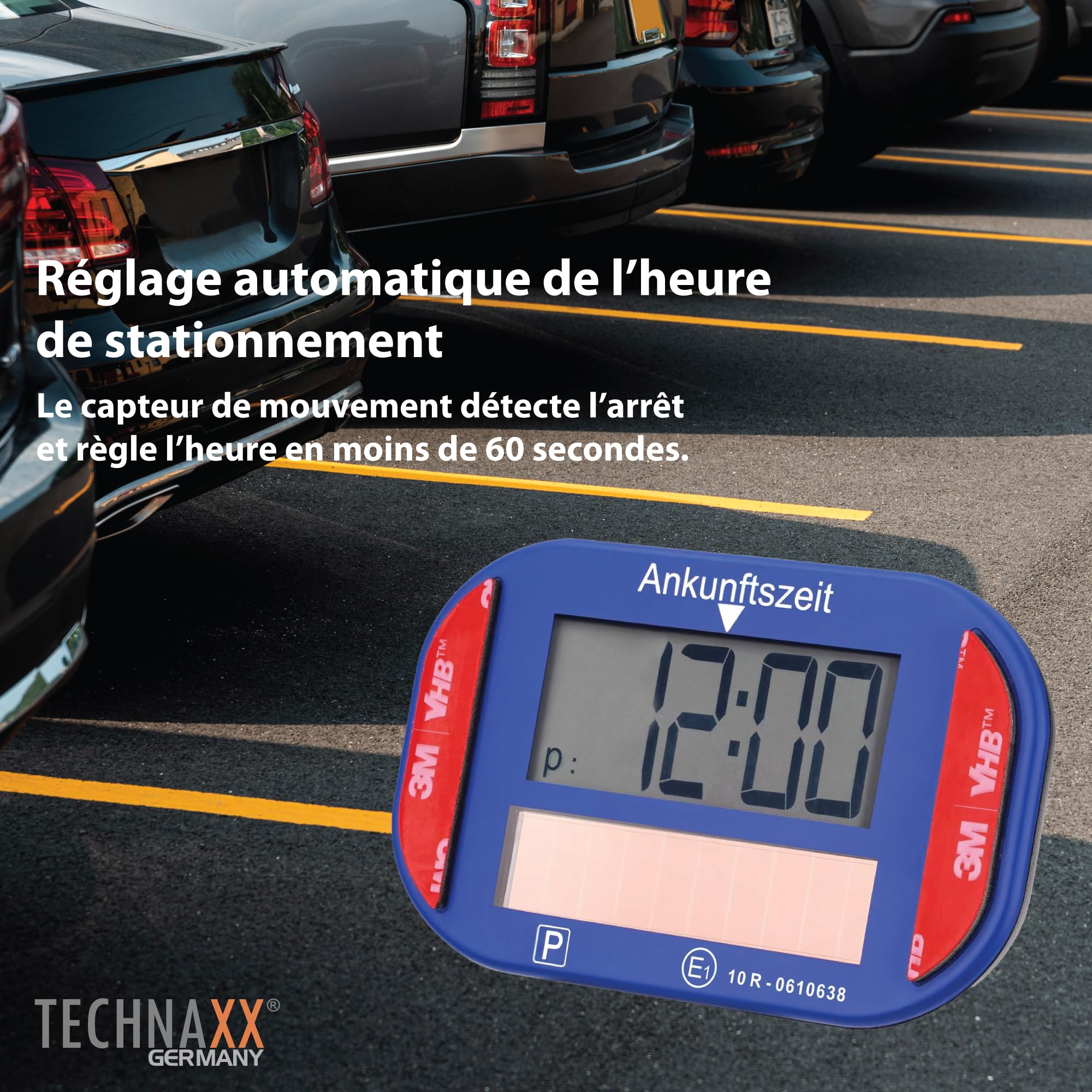 Technaxx TX-337 Disque de stationnement électronique solaire – Horloge automatique pour voiture avec capteur de mouvement, double écran, charge solaire et batterie incluse – Accessoire de stationnemen