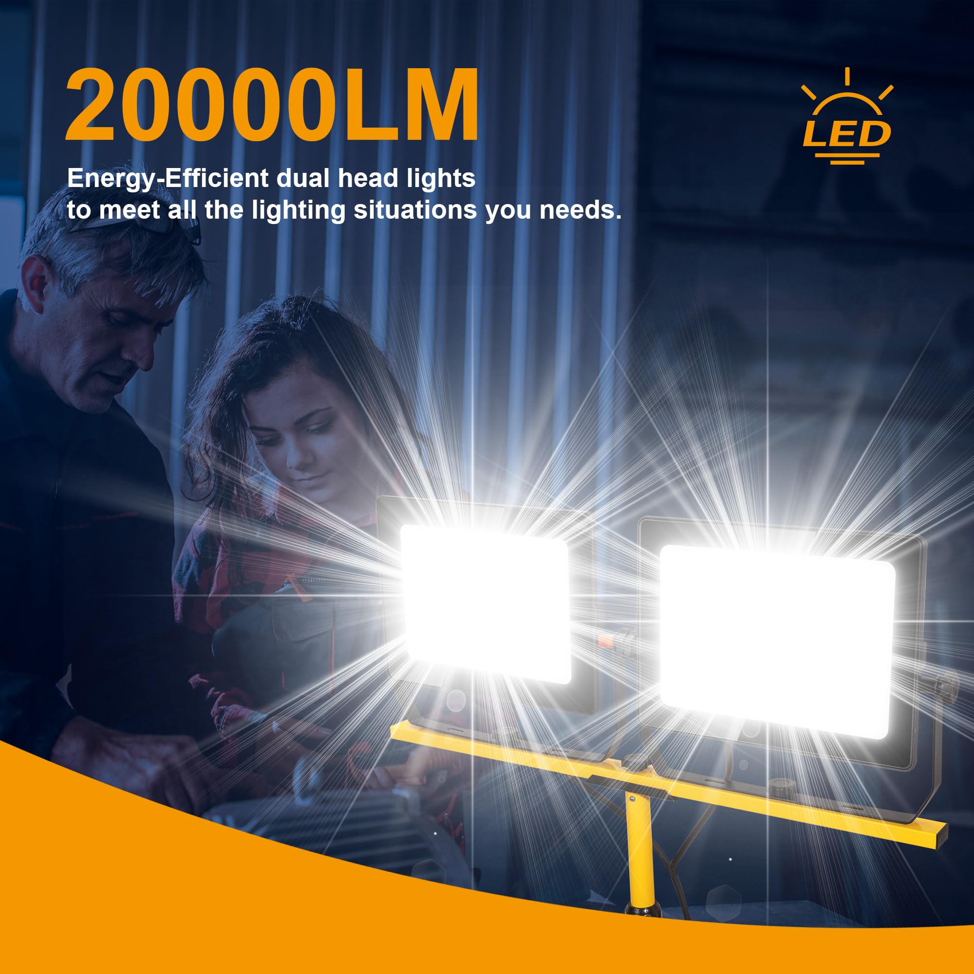 Oświetlenie robocze 20000 lumenów ze stojakiem, 200 W, podwójna głowica LED, wodoodporna lampa z indywidualnym przełącznikiem, regulowany metalowy statyw teleskopowy