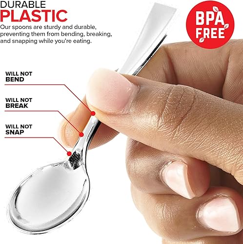 Vista 26 de Mini cucharas de plástico doradas desechables, 4 pulgadas (paquete de 80) cuchara de degustación, mini cuchara de postre para catador de helado, Oro