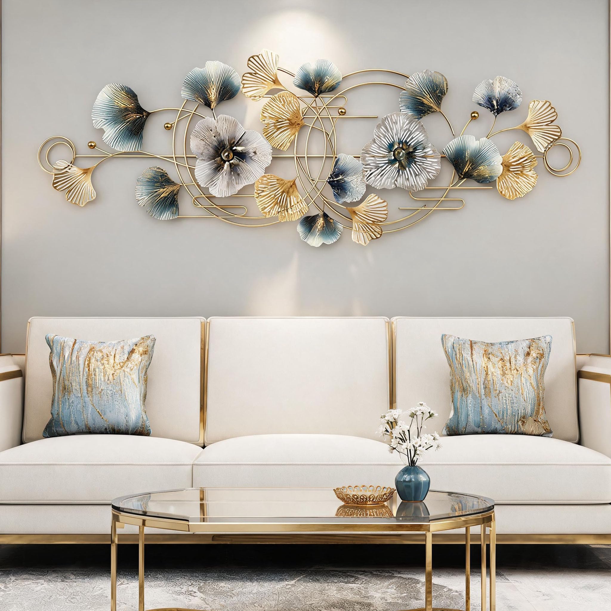 Aisny Decorazione Murale Soggiorno, 127X44cm Decorazione Murale 3D Parete Soggiorno Fiori Sculture Metallo Sospesa Divano Sfondo Ufficio Ornamenti Murali Con 2 Viti