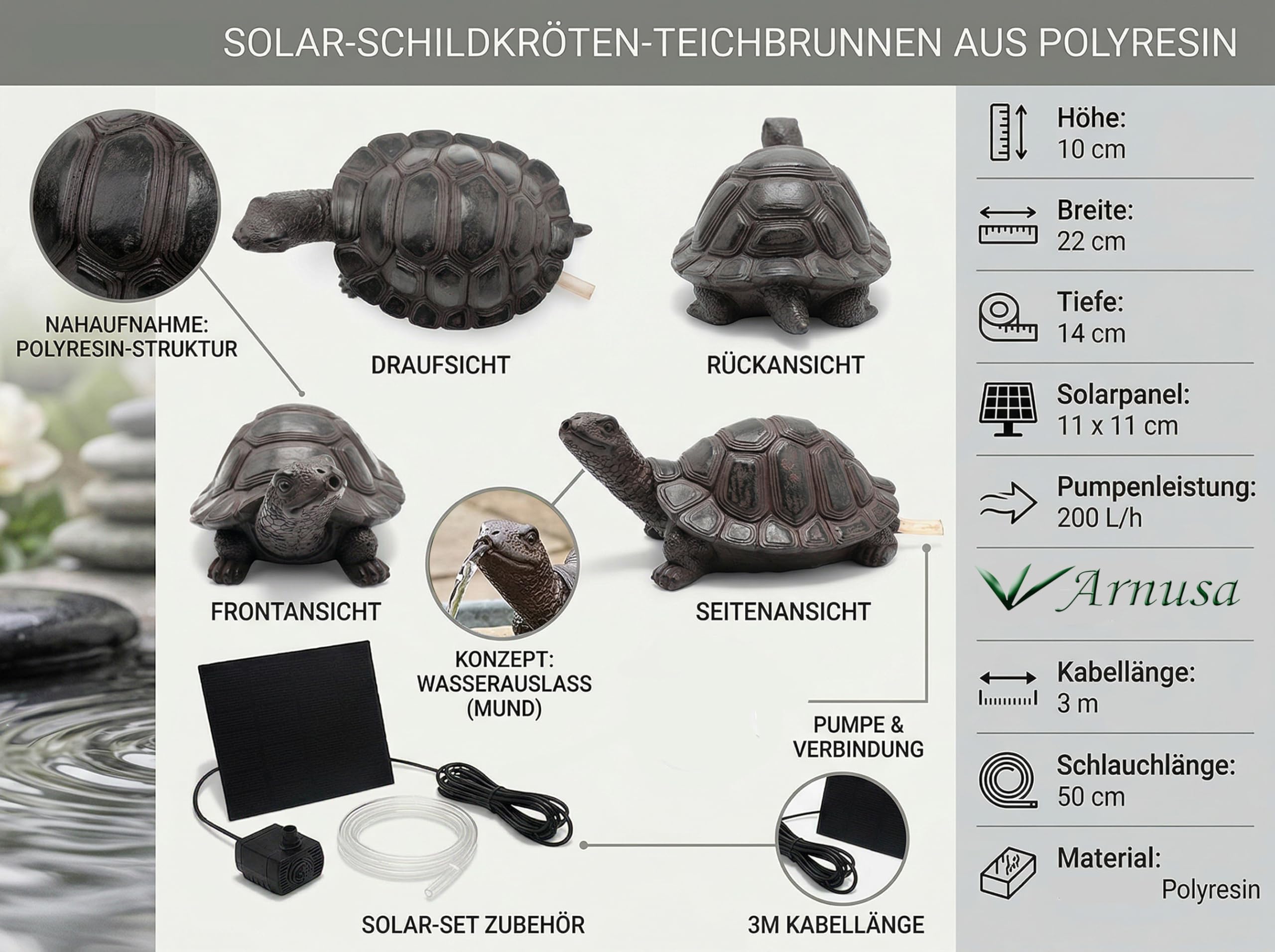 Wasserspeier Solar mit Pumpe – Teichfigur Schildkröte mit Solarpumpe & Wasserspiel – Gartendeko aus Polyresin in Braun – Solarbrunnen für Gartenteich & Wasserlauf 10×14×22 cm