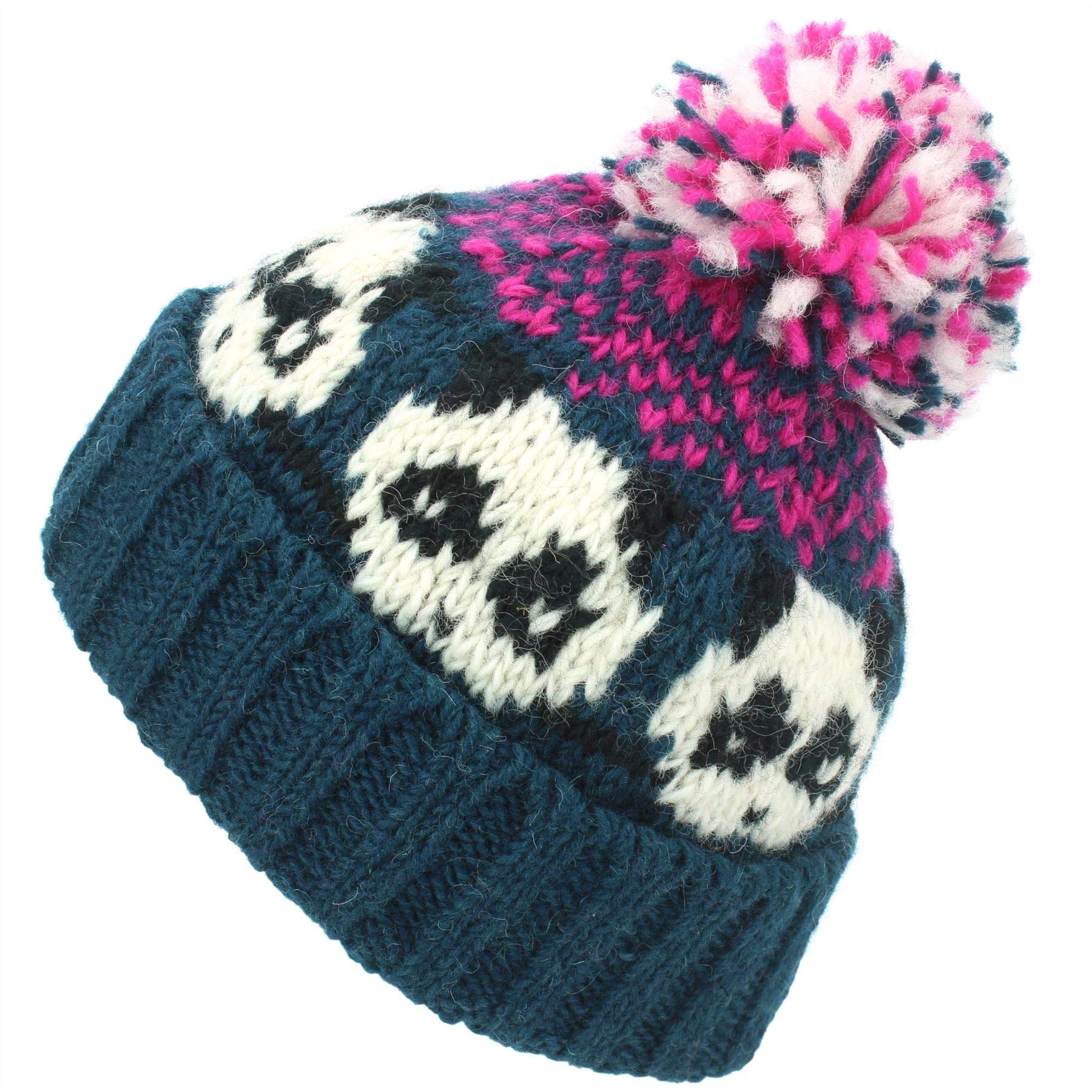 LOUDelephant Wool Knit Bobble Beanie Hat - Panda - Teal Pink