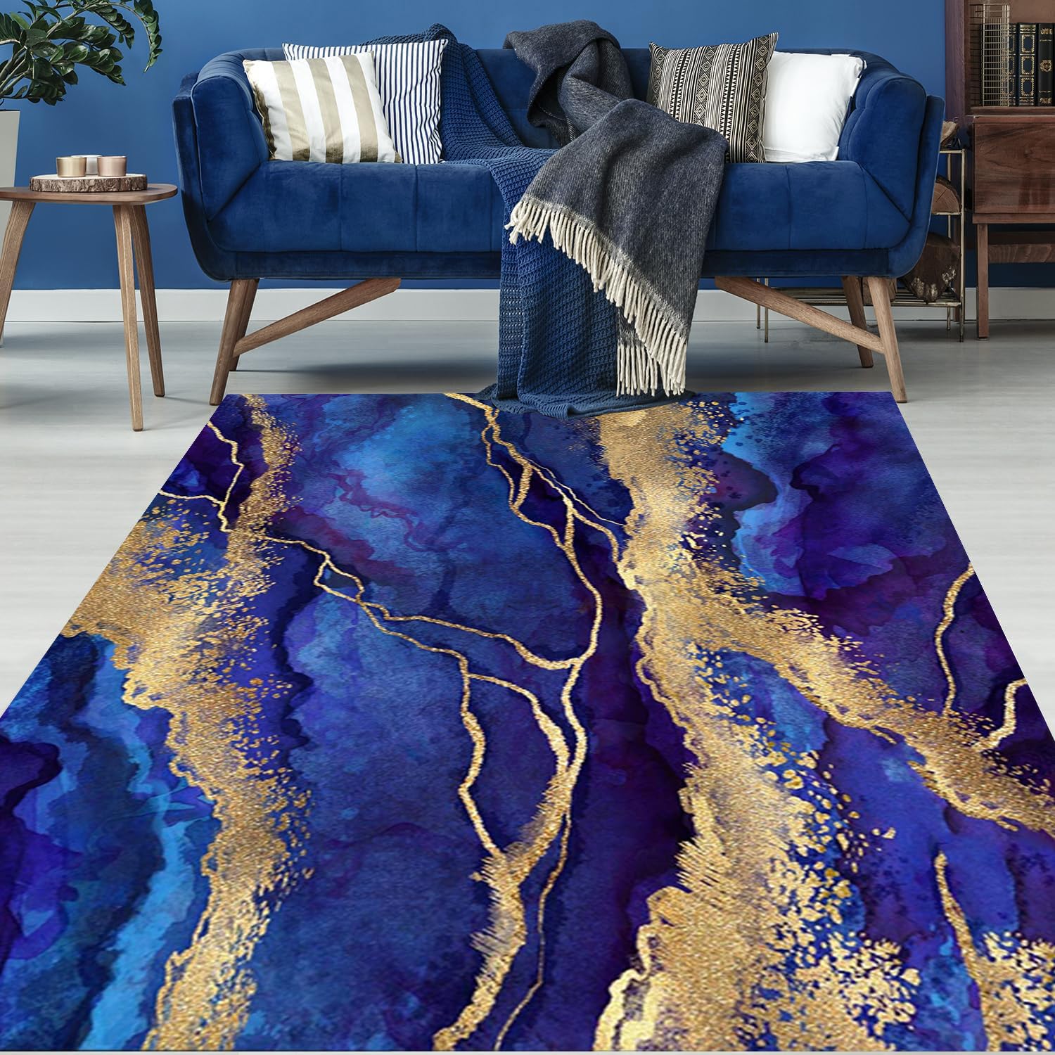 Royal Blue Gold Marble Texture Modern Abstract Area Rug for Living Room Bedroom Guestroom Faux Wool Washable Carpet Non Slip Under Dining Room Coffee