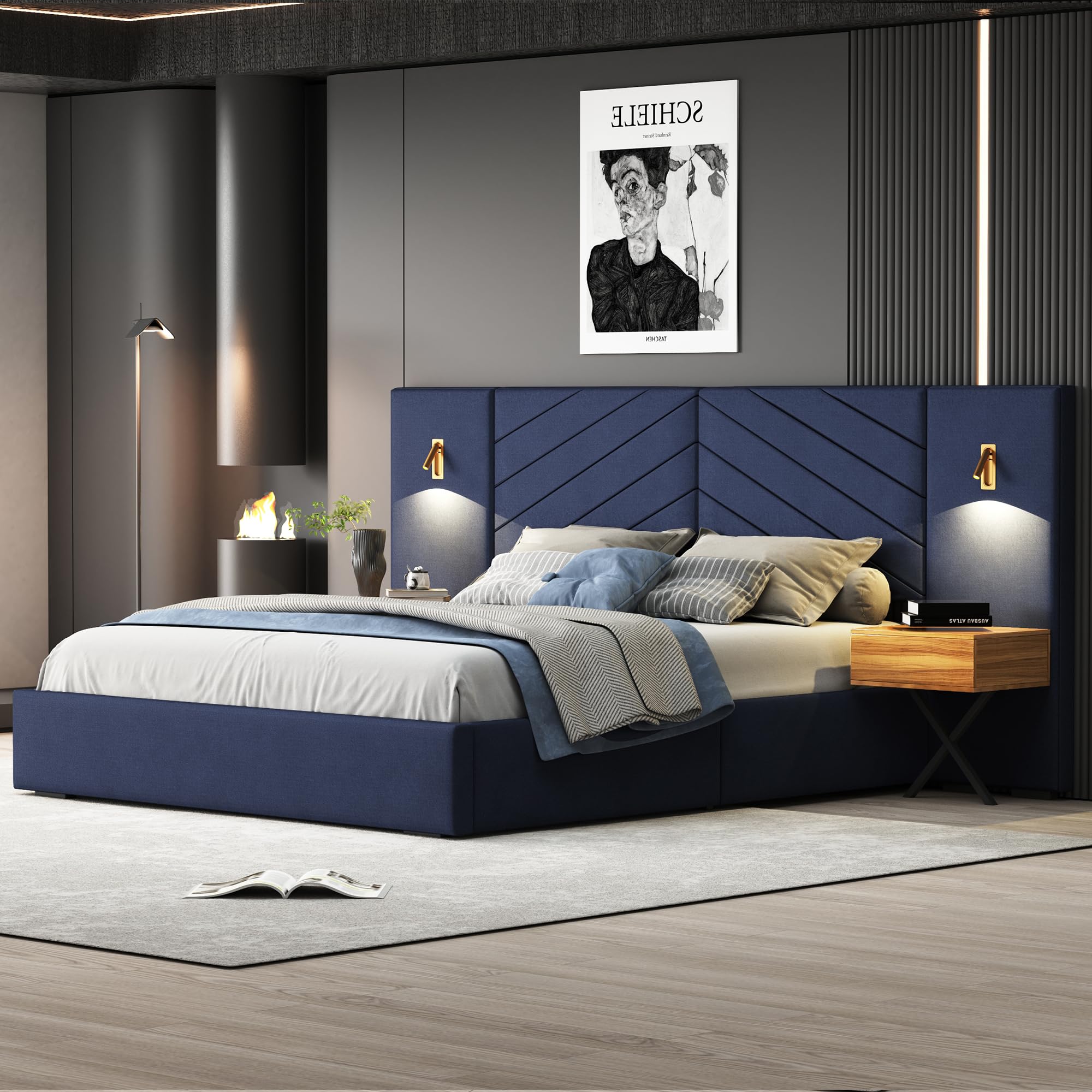 Upholstered Bed Frame Queen with LED Lighting and Matching Nightstand, Modern Wooden Platform Bed Frame with Vertical Channel Tufted Wingback