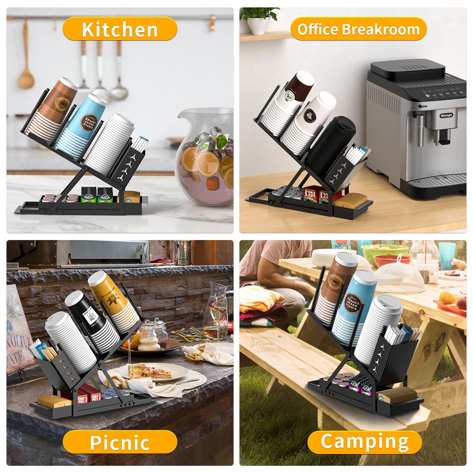 Porta tazze e coperchio con cannuccia, organizer per stazioni di caffè, 3 scomparti, per accessori da bar e caffè, piano di lavoro, bicchieri di carta usa e getta, bicchieri di plastica,