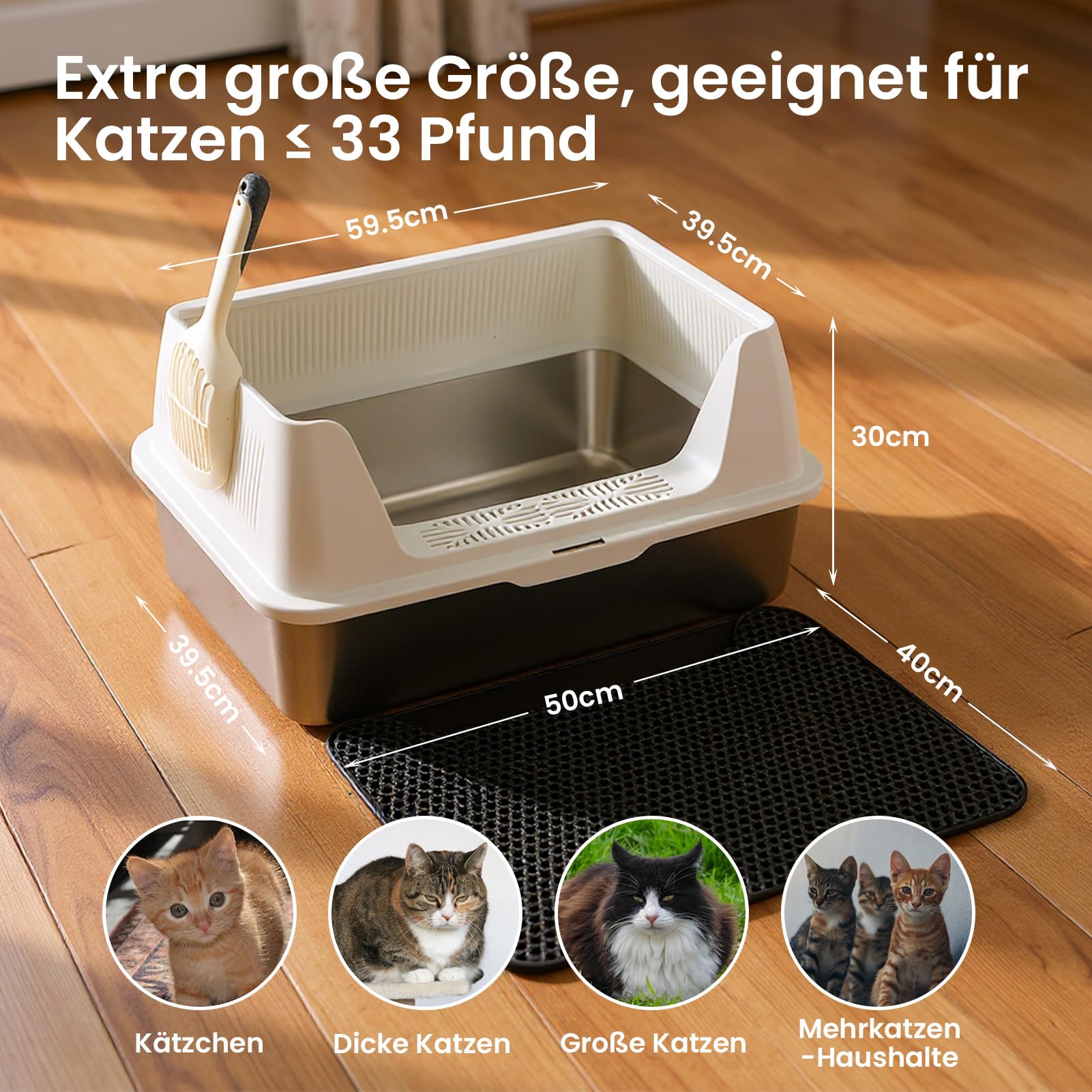 Youyijia XXL Katzentoilette Edelstahl, großem Metall-Streubehälter, 30L Katzentoilette mit spritzwassergeschützt Deckel, Streumatte und Streuschaufel, große und mittelgroße Katzen, 59,5 x 39,5 x 30 cm