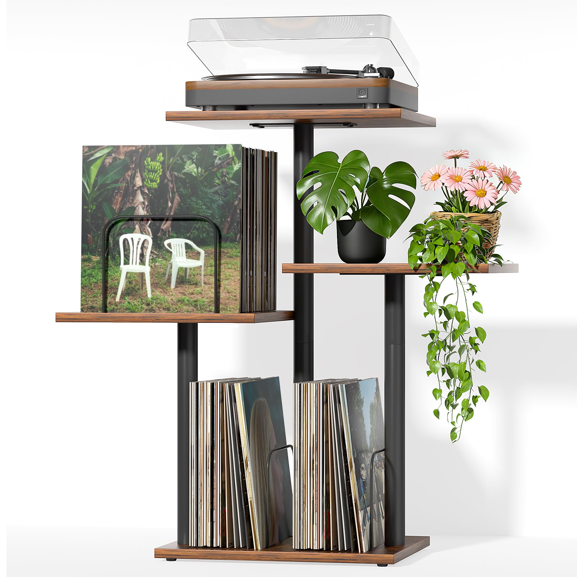 Bikoney Botanical Record Player Stand,Vinyl Record Storage Holder with Plant Stand, Vintage Turntable Stand Table with Record Album Display Shelf,Unique Record Console Cabinet,Mid Century Modern Wood