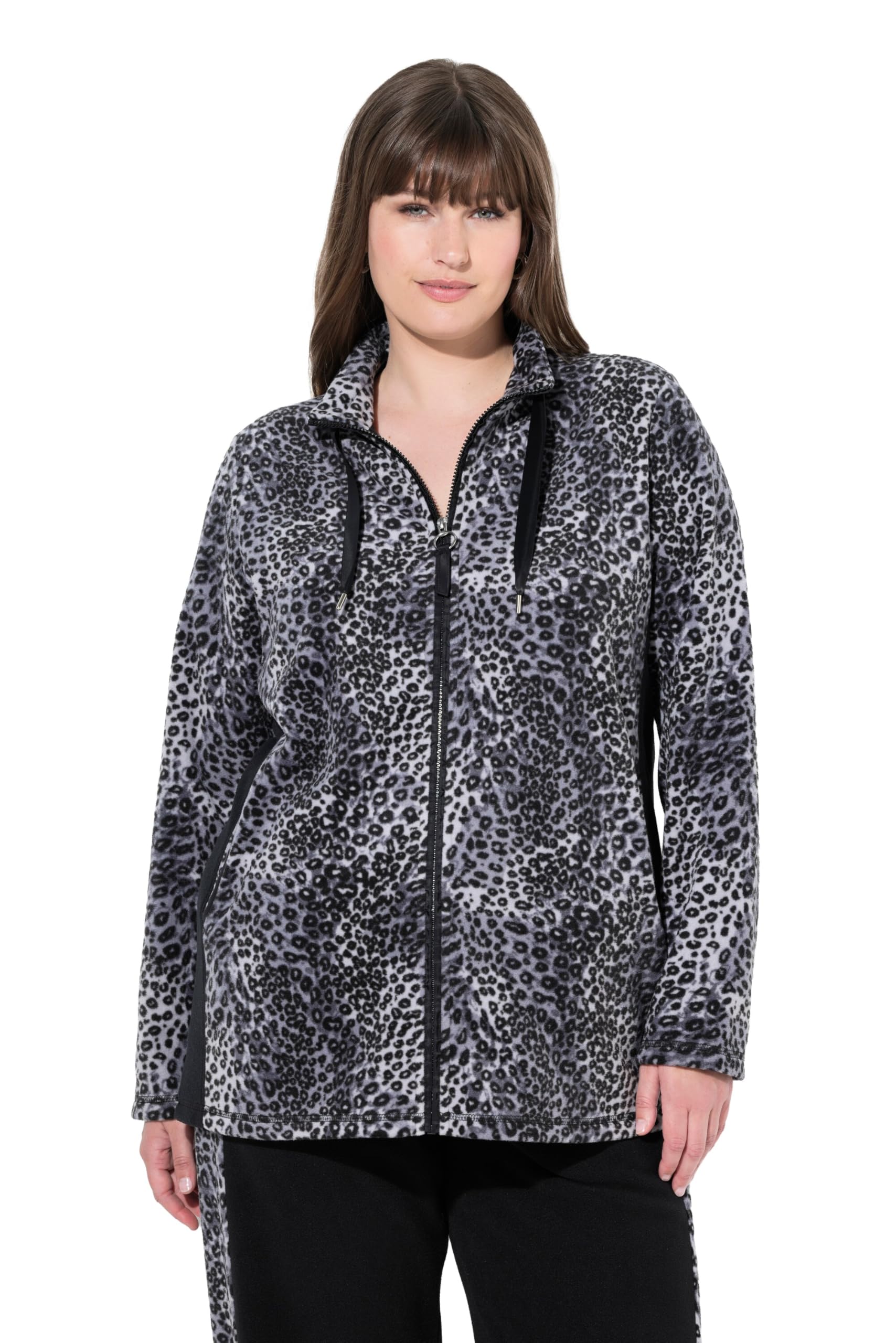 Ulla Popken Damen große Größen Übergrößen Plus Size Loungewear-Fleecejacke, Leomuster, Stehkragen 843915