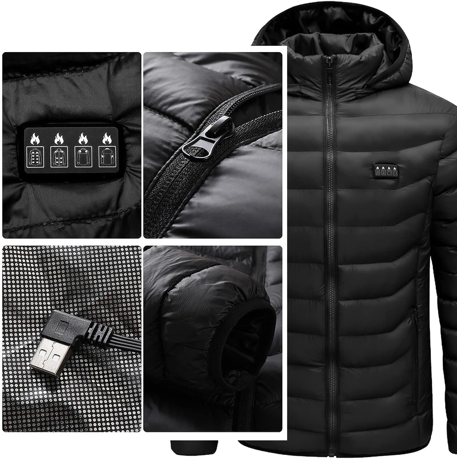 Chaqueta Calefactable Eléctrica 19 Zonas USB Recargable Lavable con Capucha para Hombre Mujer