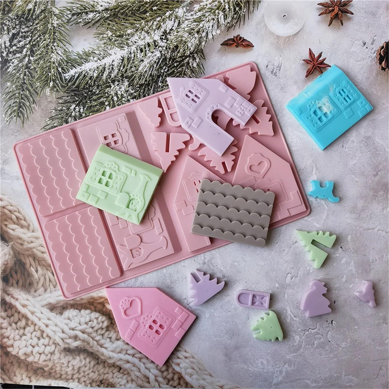 Molde de silicona 3D for chocolate con forma casa jengibre navideña, ideal for decorar pasteles y galletas. También sirve como plantilla for hornear otros dulces Para Repostería Y Postres