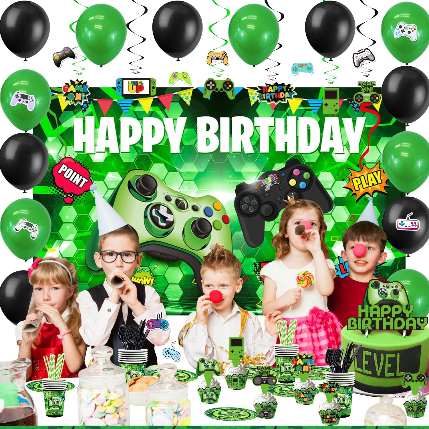 Green Gamer Birthday Party Decoration - 217Pcs Video Game Gaming Party Supplies For Boys Birthday Party - Backdrop, Table Cover, Plates, Cups, Napkins, Utensils, Hanging Swirls, Cupcake Topper, Cake