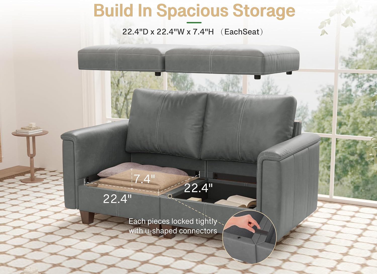 SITJOY Faux Leather Modular Sectional Sofa with Storage, Mid Century Modern Sectional Couches for Living Room, 65" Wide Loveseat Sofa, Gray
