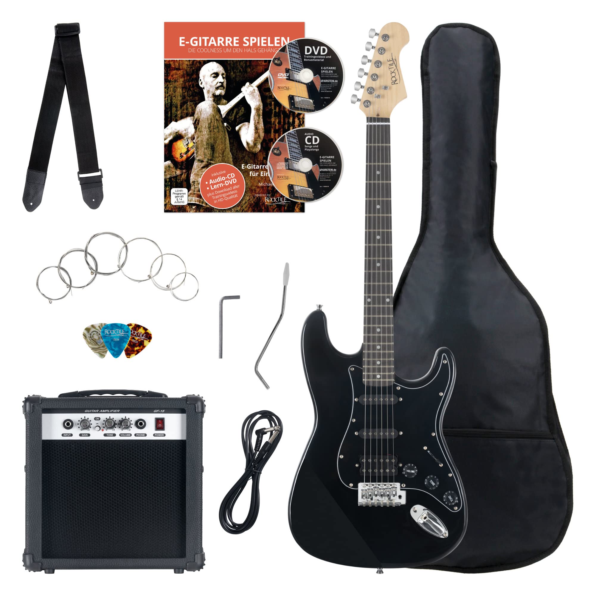 Rocktile Banger's Power Pack Set Completo Chitarra Elettrica con Single Coil e Humbucker Pickups Nero (Amplificatore, Borsa, Cavo, Tracolla, Plettro, Tremolo, Corde di Ricambio e Scuola con CD/DVD)