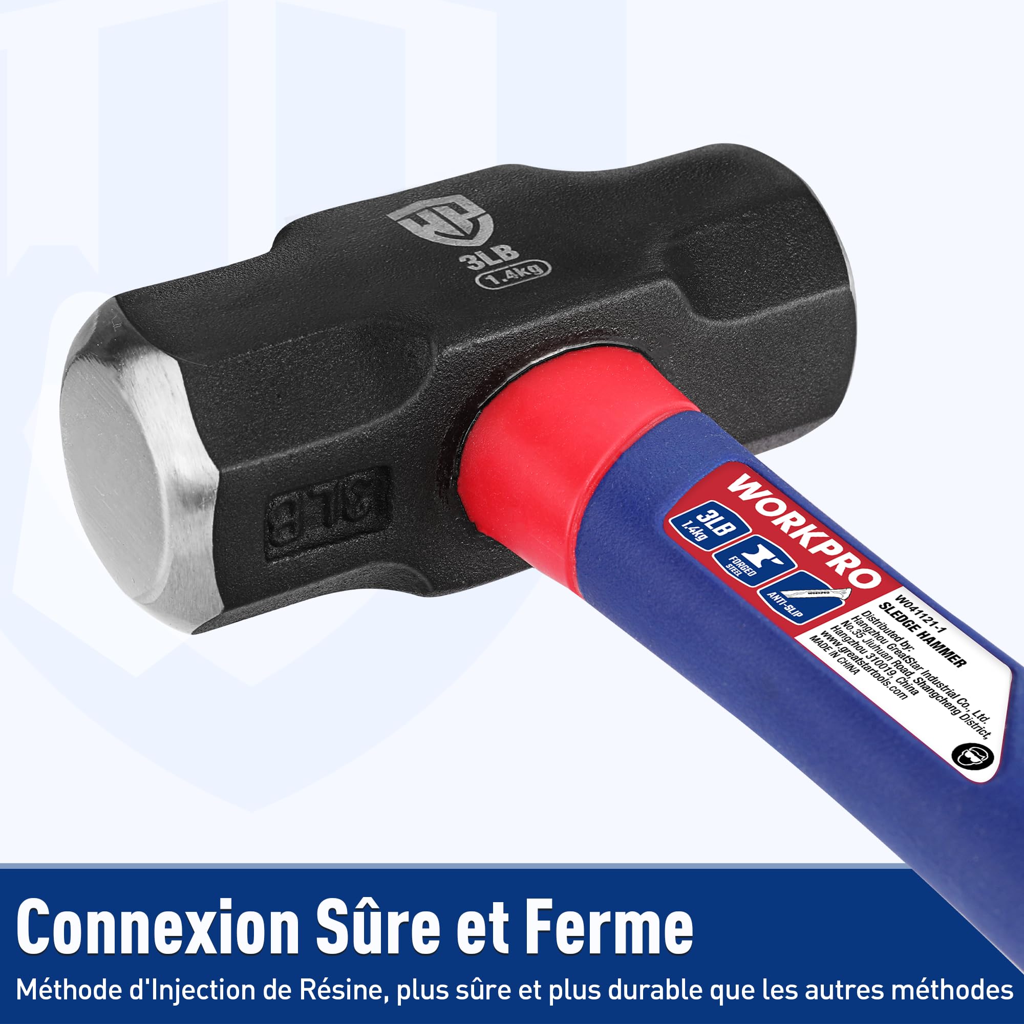 Massette 1,68kg avec Manche en Fibre de Verre, Tête en Acier Forgé, Marteau Octogonal à Poignée Ergonomique Antidérapante pour Jardinage, Construction de Bâtiments, Roche