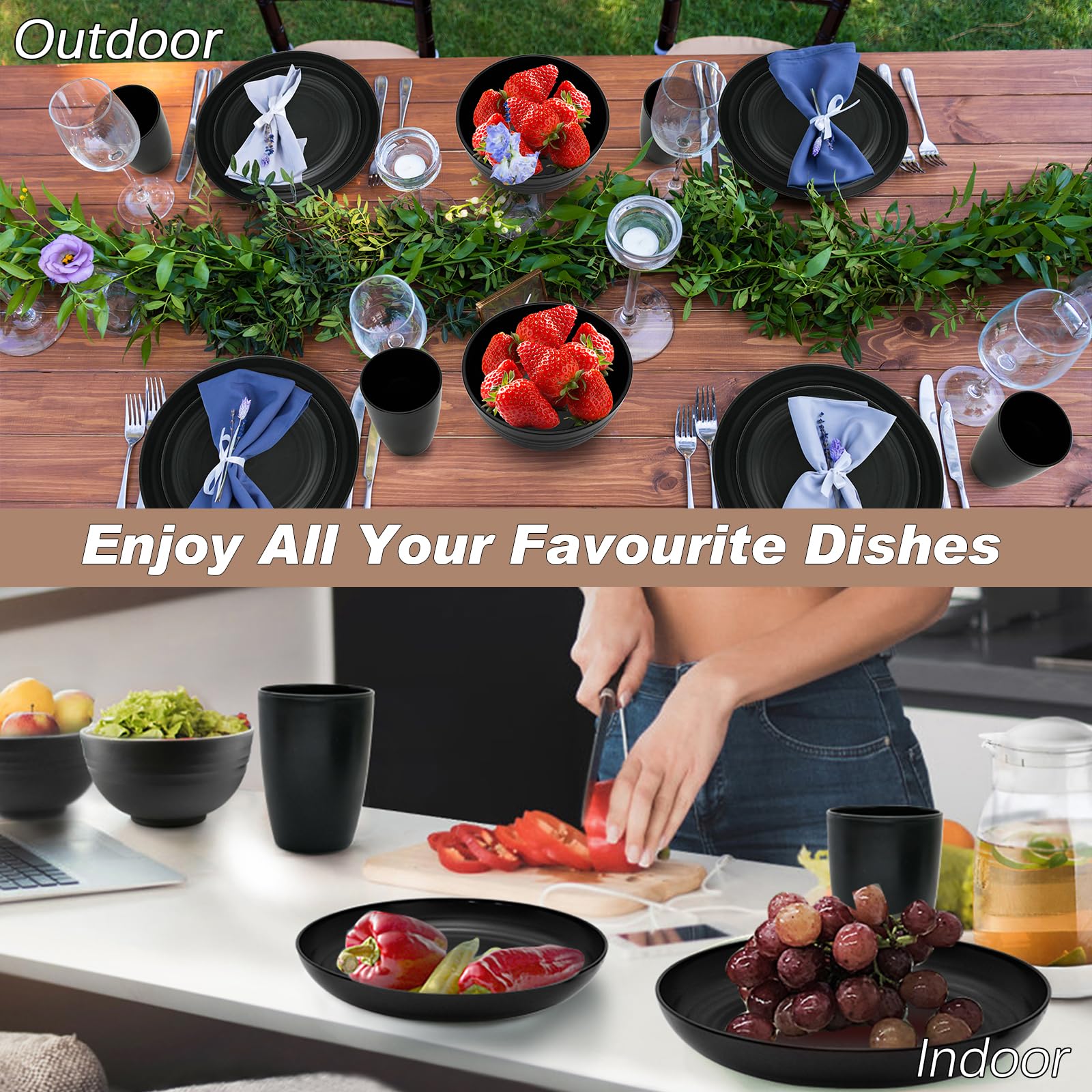 Lot de 24 assiettes noires - Vaisselle de camping Pure Living - En plastique incassable - Décontracté - Pour 6 personnes - 12 assiettes plates - Service de table moderne pour 8 personnes