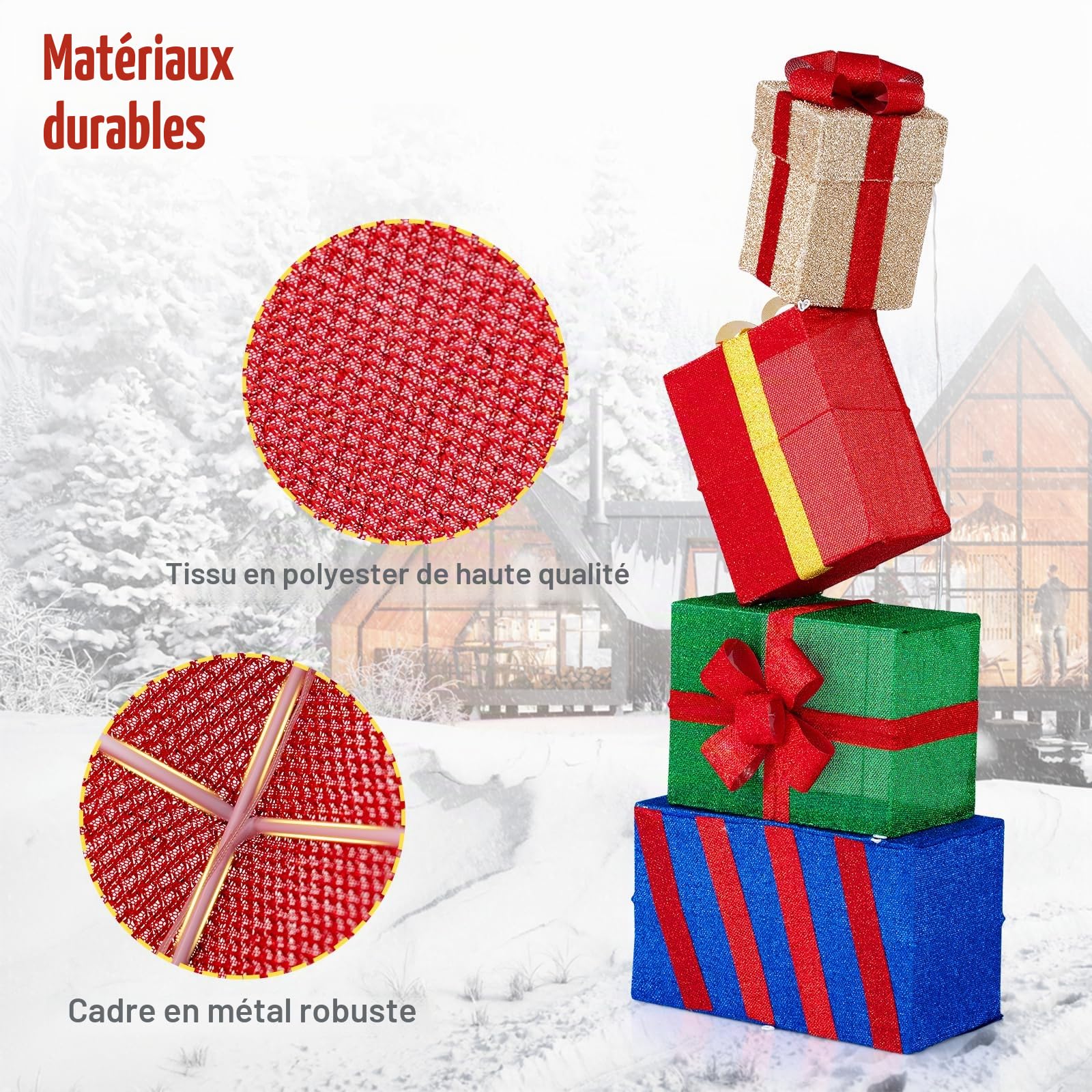 GOPLUS 120 cm Boîtes Cadeaux Noel Lumineuses, Décorations Noël Interieur Exterieur avec 48 Lumières LED, Nœuds, Boîtes Cadeaux Empilées pour Cour, Porche, Jardin, Cheminée
