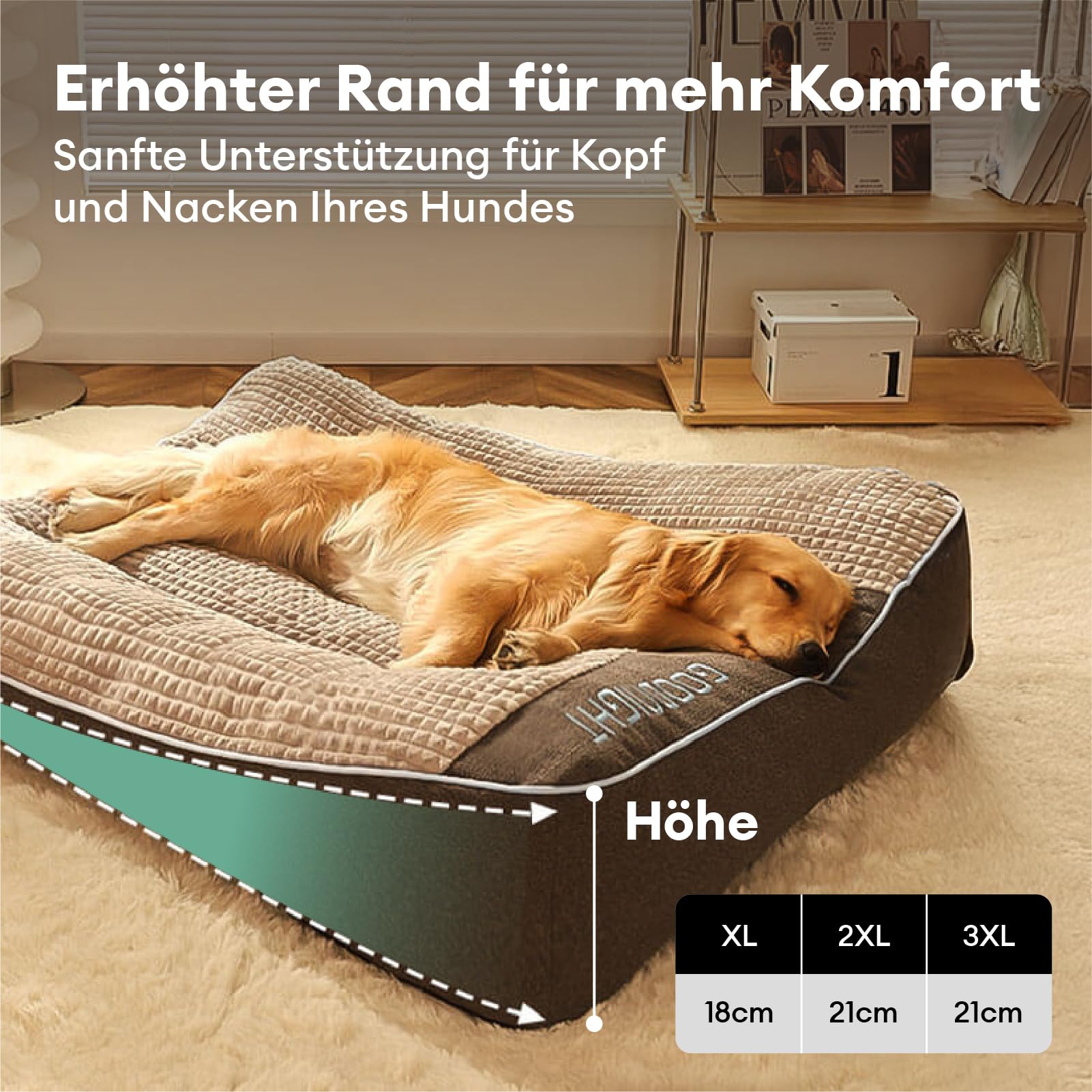 FUNNY FUZZY Cama ortopédica para perros, sofá ergonómico, 2XL, color marrón | Cojín suave lavable para perros con borde elevado, base antideslizante, cómoda cesta para perros grandes, relleno de esponja