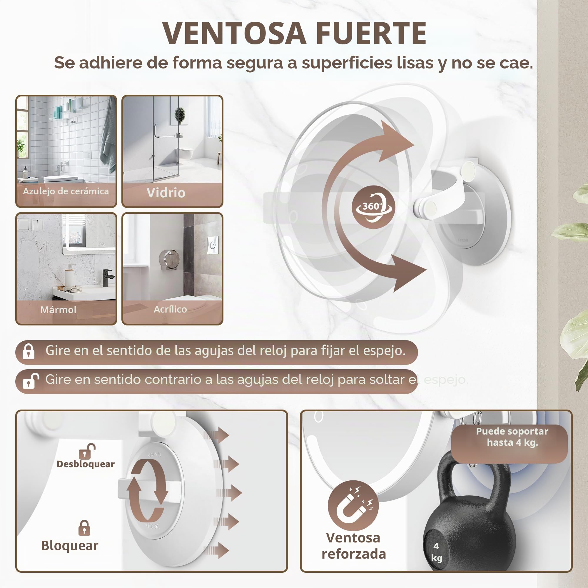 MOMOKUBA espejo giratorio 360° con luz de 30 aumento, 3 modos LED, ventosa recargable para baño