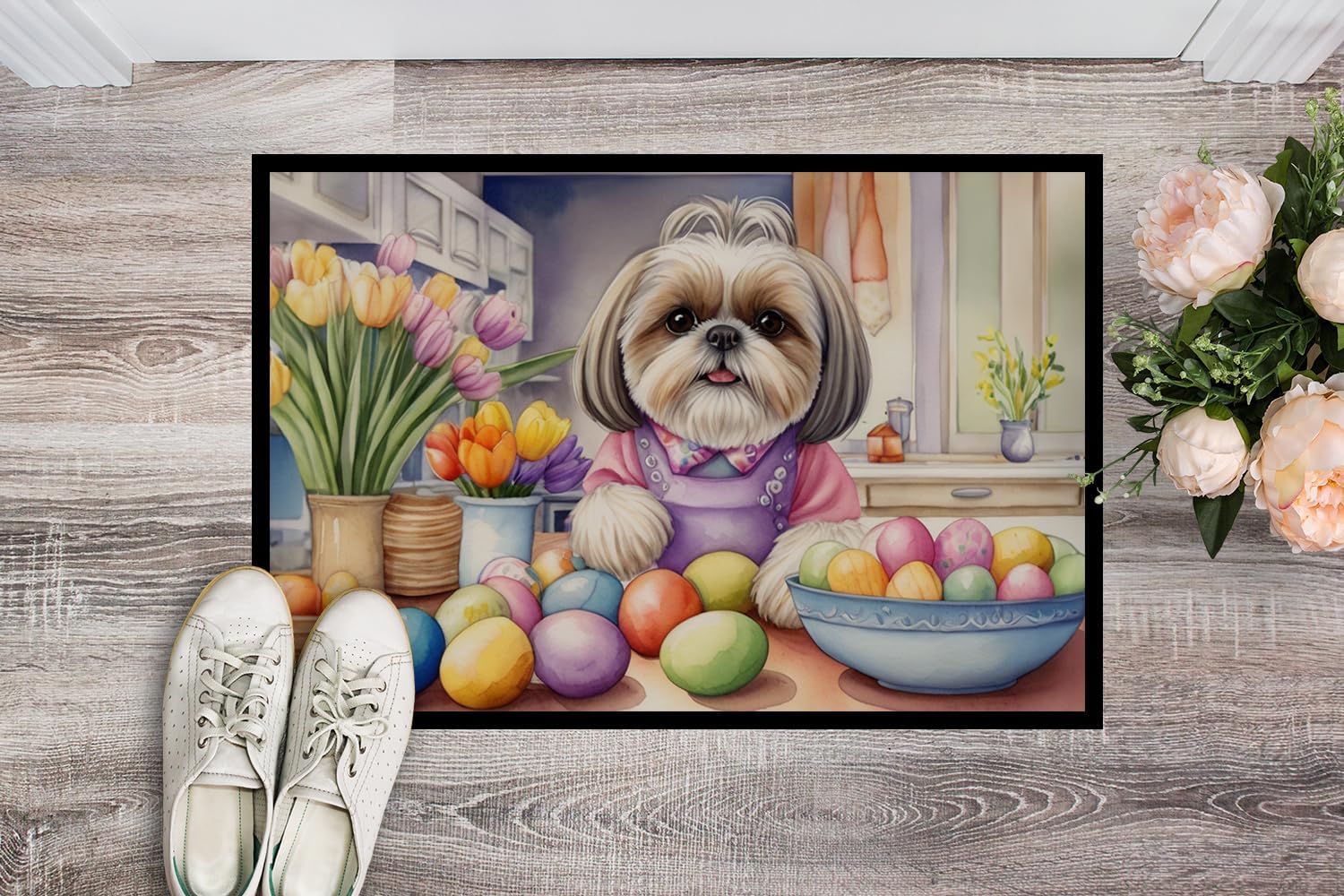 Caroline's Treasures DAC6901MAT Decorating Easter Shih Tzu Doormat Front Door Mat Indoor Outdoor Rugs for Entryway, Non Slip Washable Low Pile, 18H X 27W