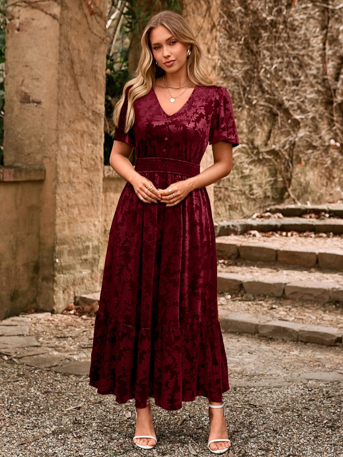 Simplee Womens Fall Velvet Dress Short Sleeve V Neck Floral Maxi Dress Long Formal Winter Wedding Guest Dresses - Image 5